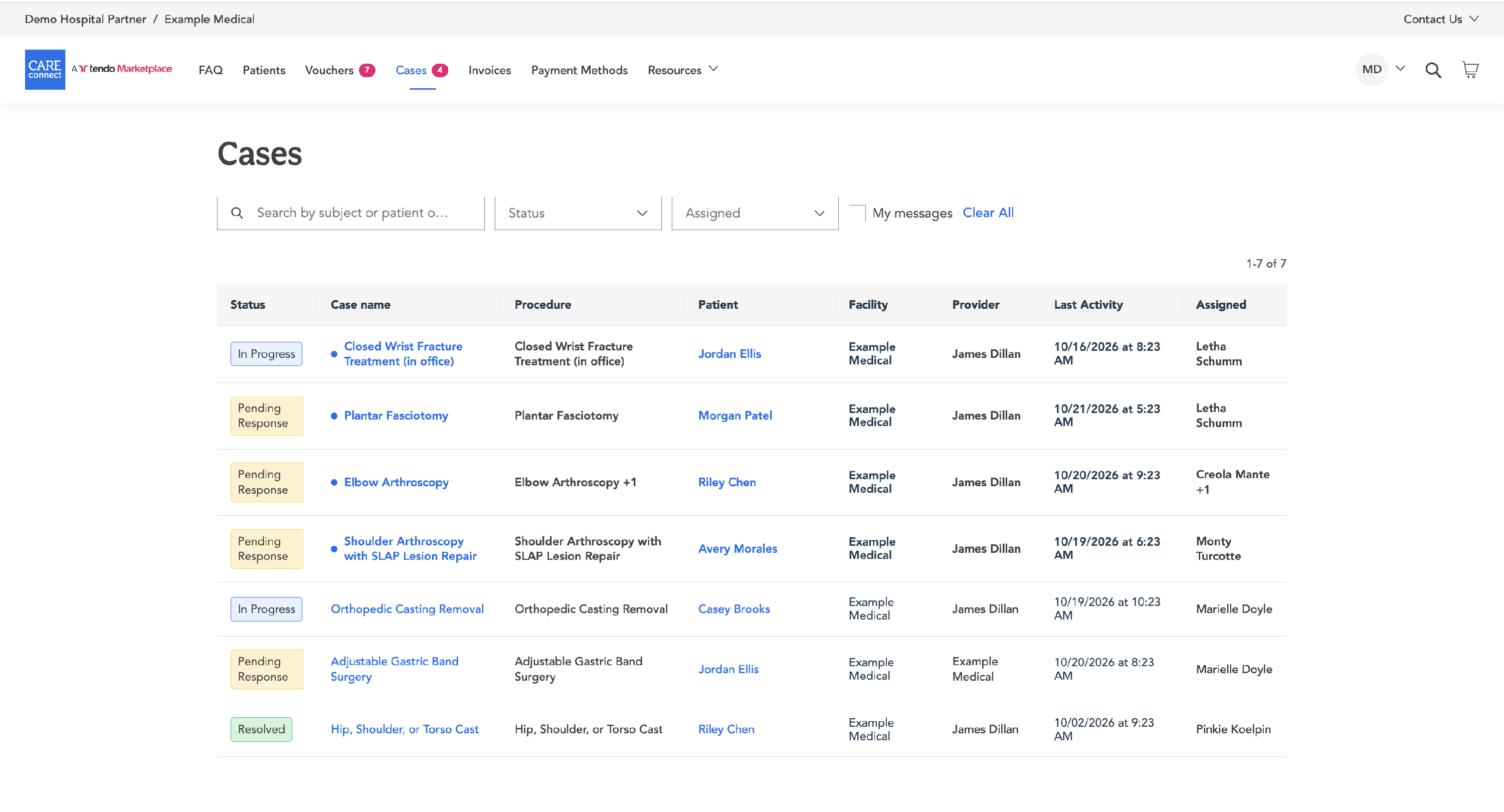 The Cases tab, listing each case with its status, procedure, patient, facility and who is assigned