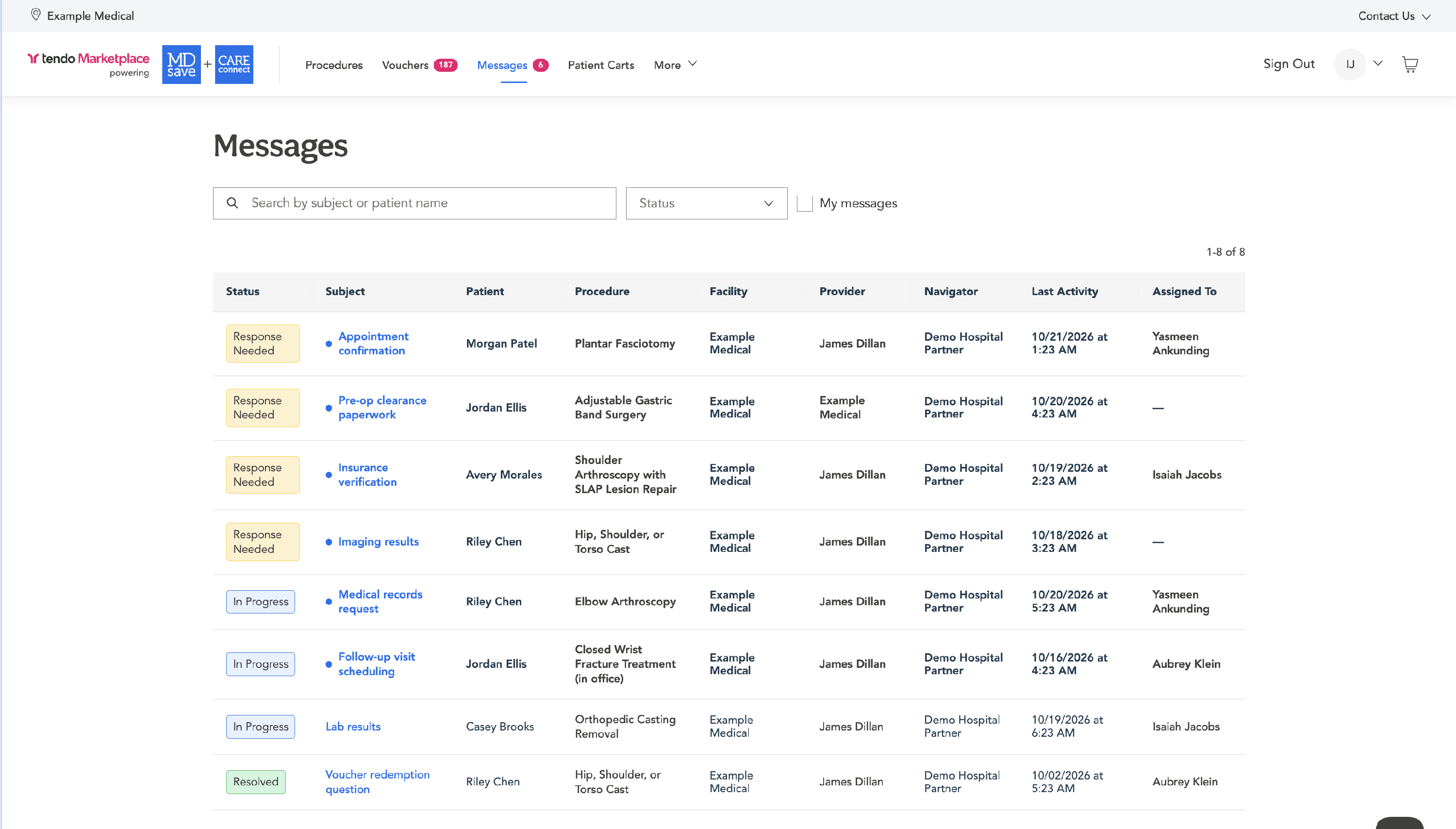 The Messages tab, listing each conversation with its status, patient, procedure and who it is assigned to