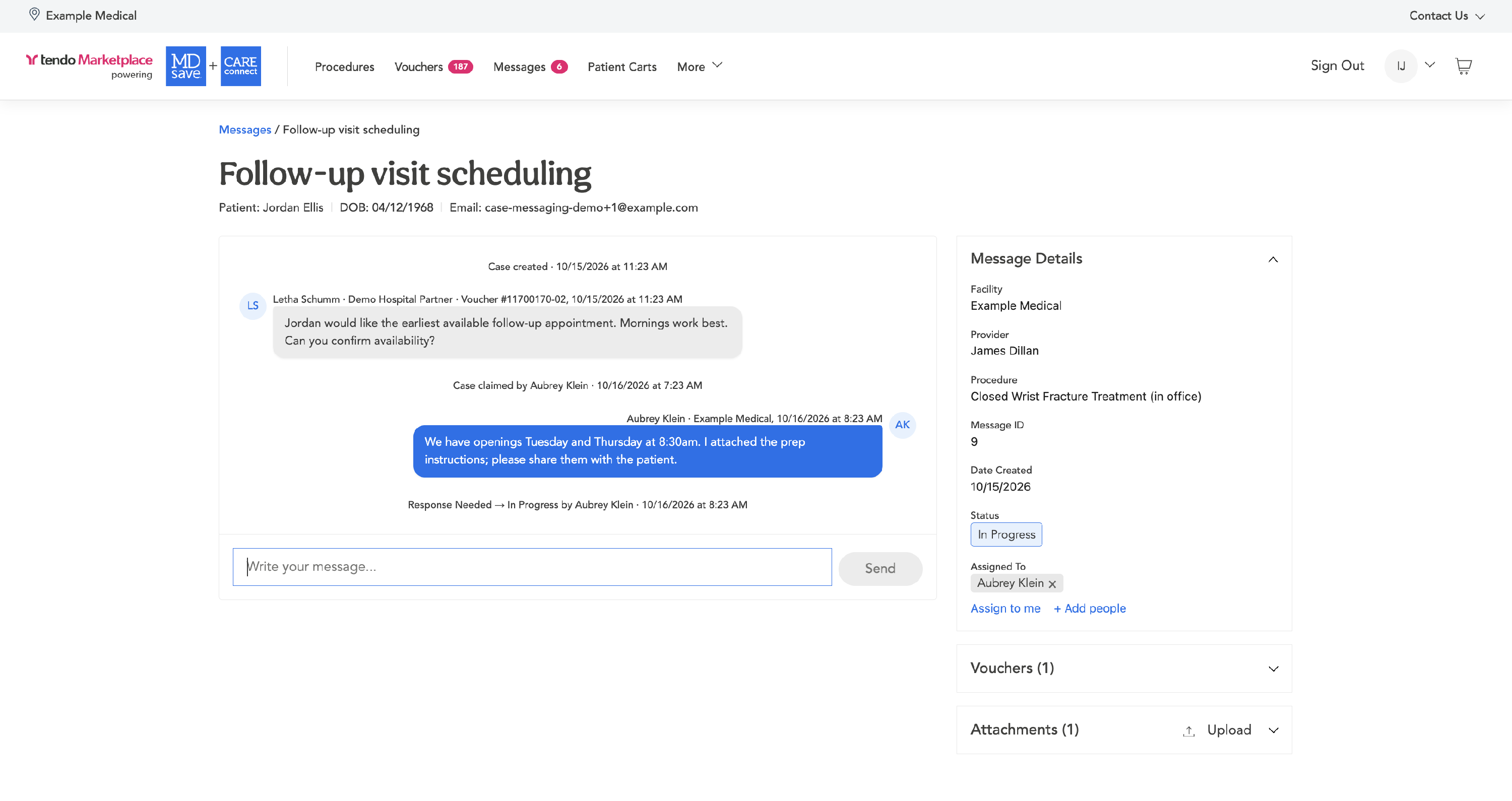 A message, with the conversation, the reply box and the Message Details panel