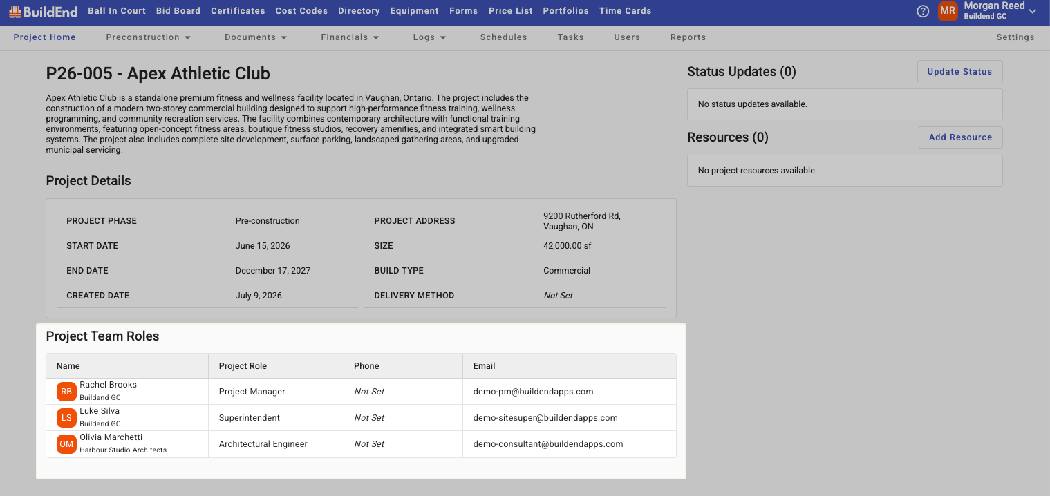 Project Team Roles are displayed on the Project Home page, providing a quick view of who is responsible for each role on the project.
