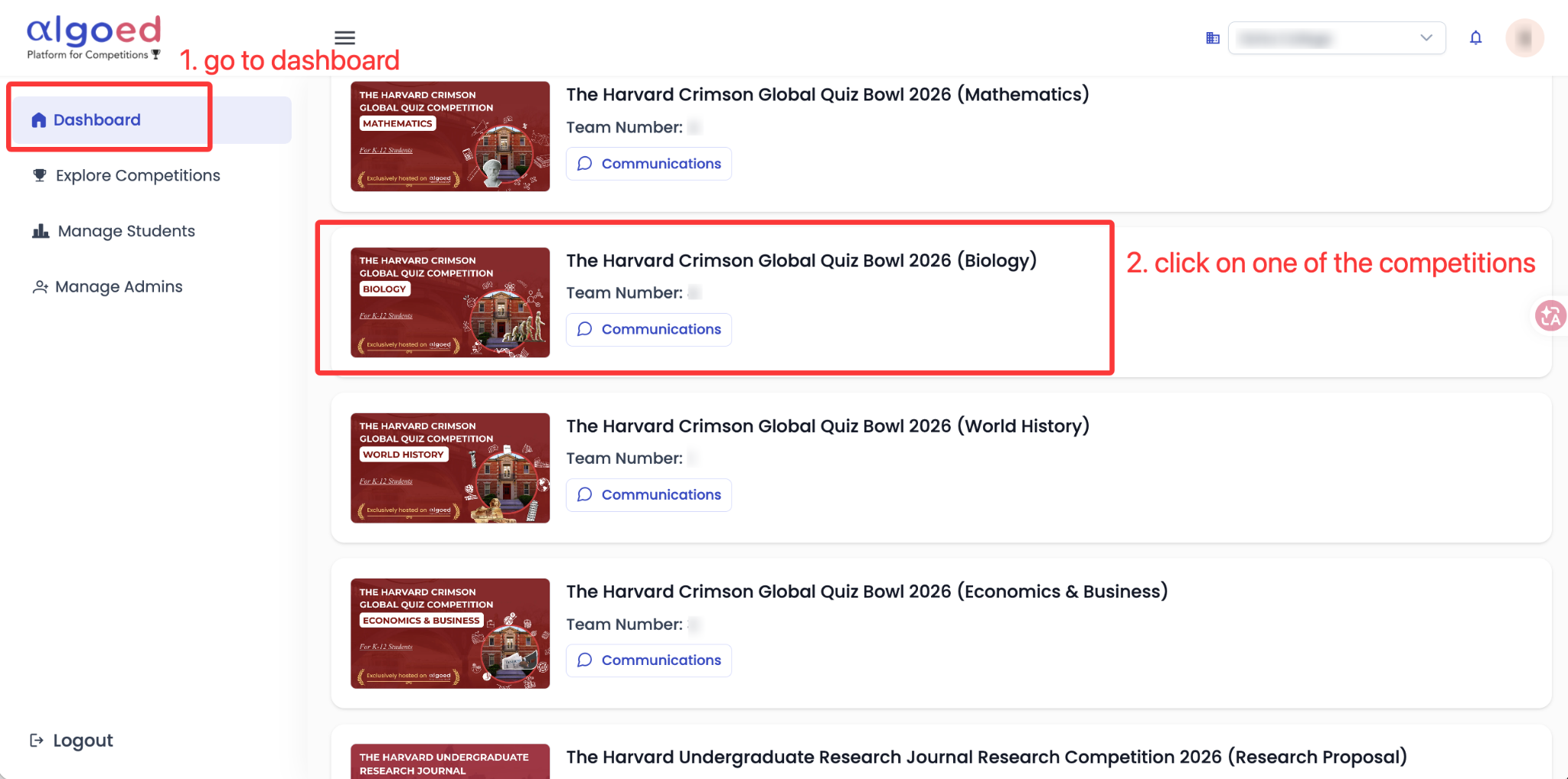 Dashboard - competition name