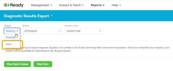 i-Ready site - Subject dropdown