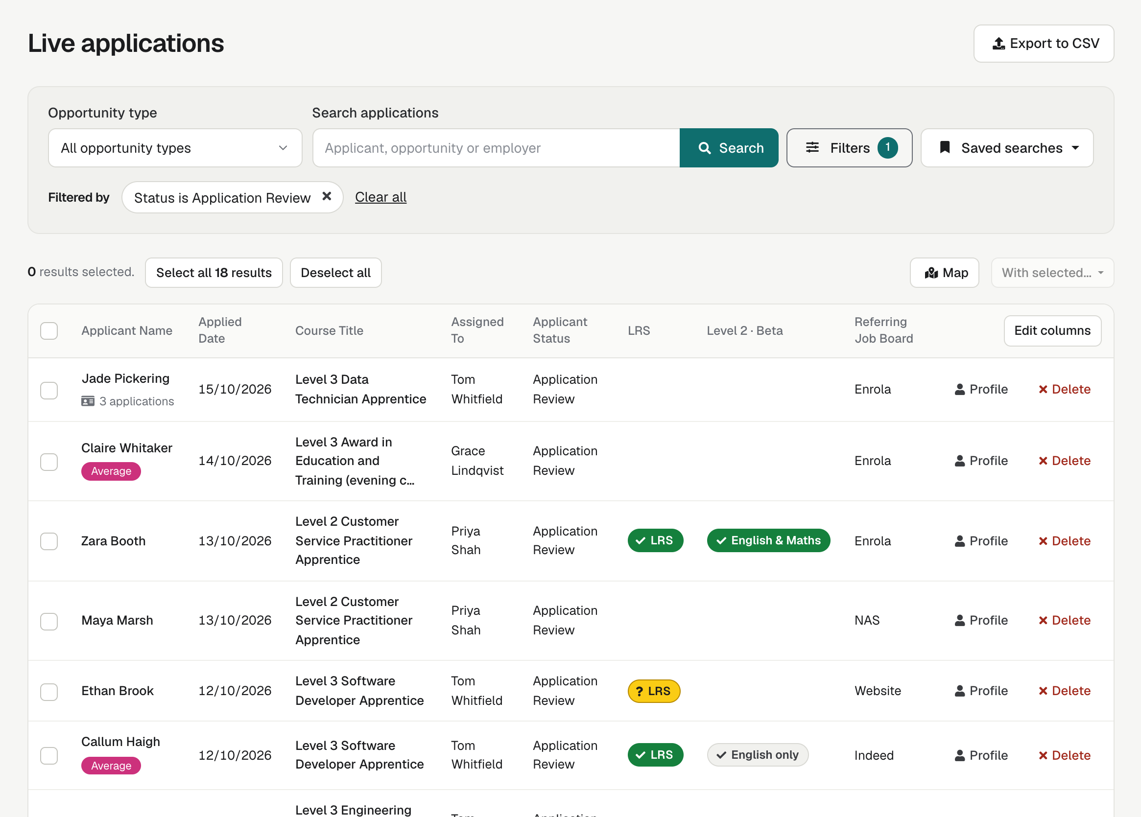 The live Applications list, with the Opportunity type dropdown, the search bar, the With selected... menu and the table of applicants.