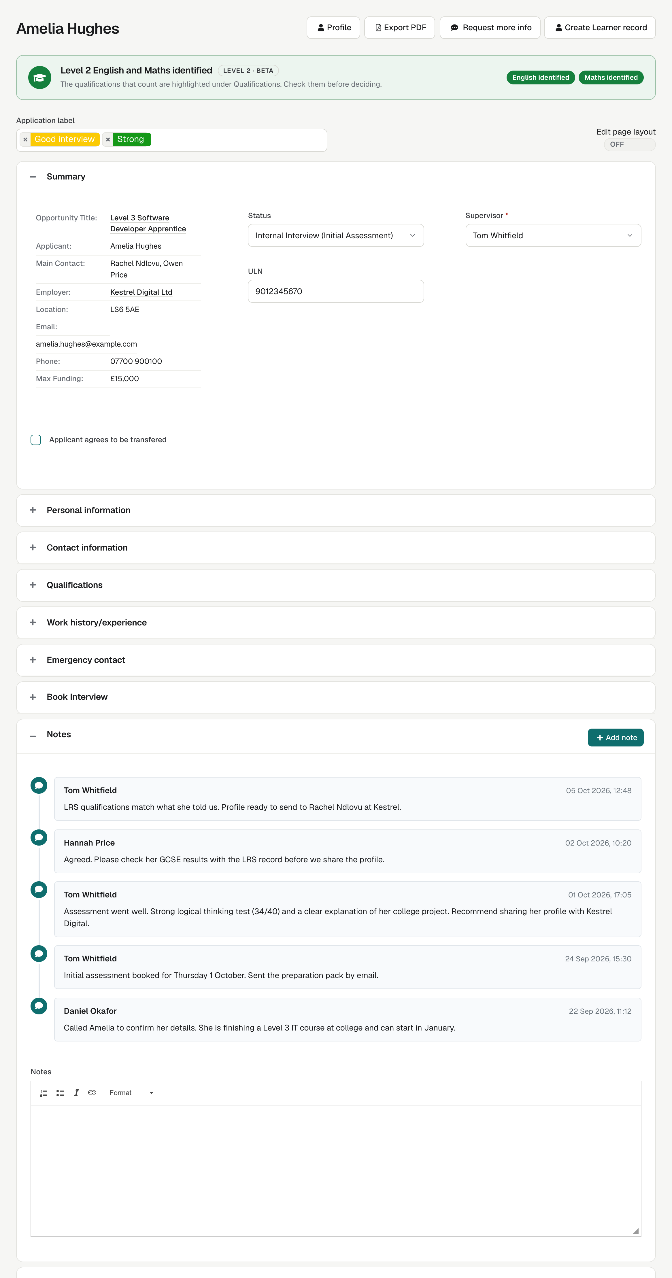 An Application record, with the applicant's name at the top and panels of details below.