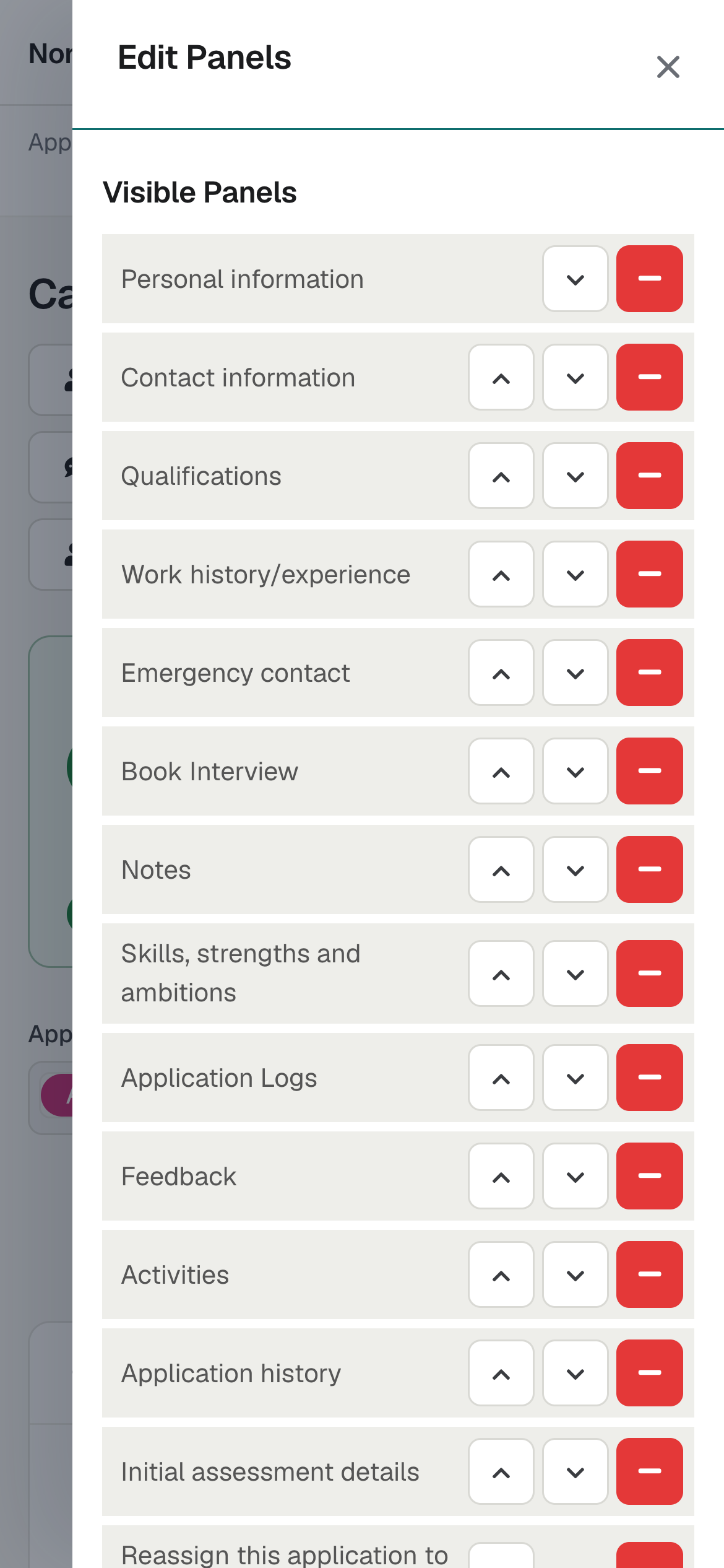 Edit panels on a phone, with Visible Panels above Hidden Panels and arrows to move each panel.