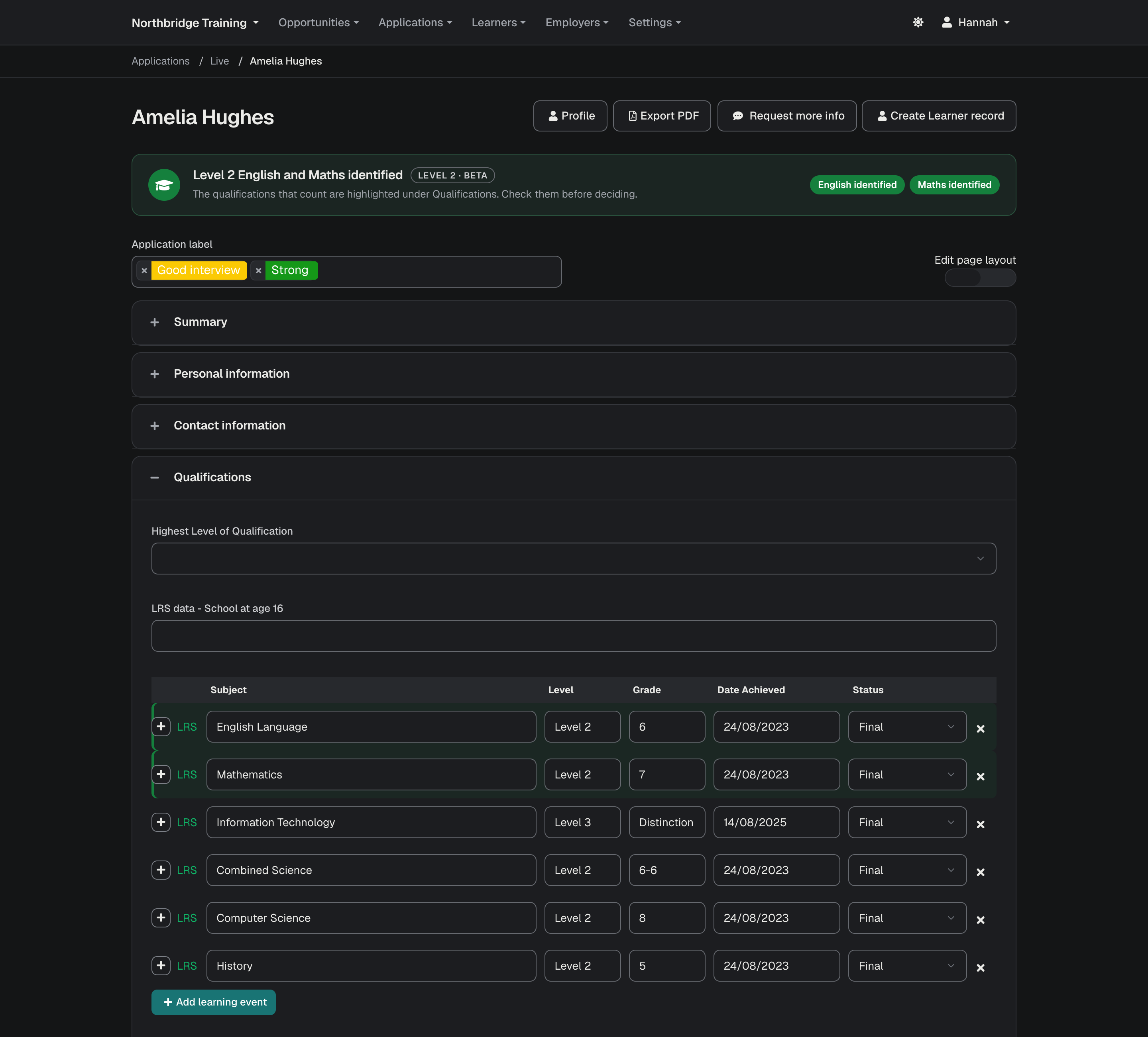 An Application record in dark mode, with light text on a dark background.