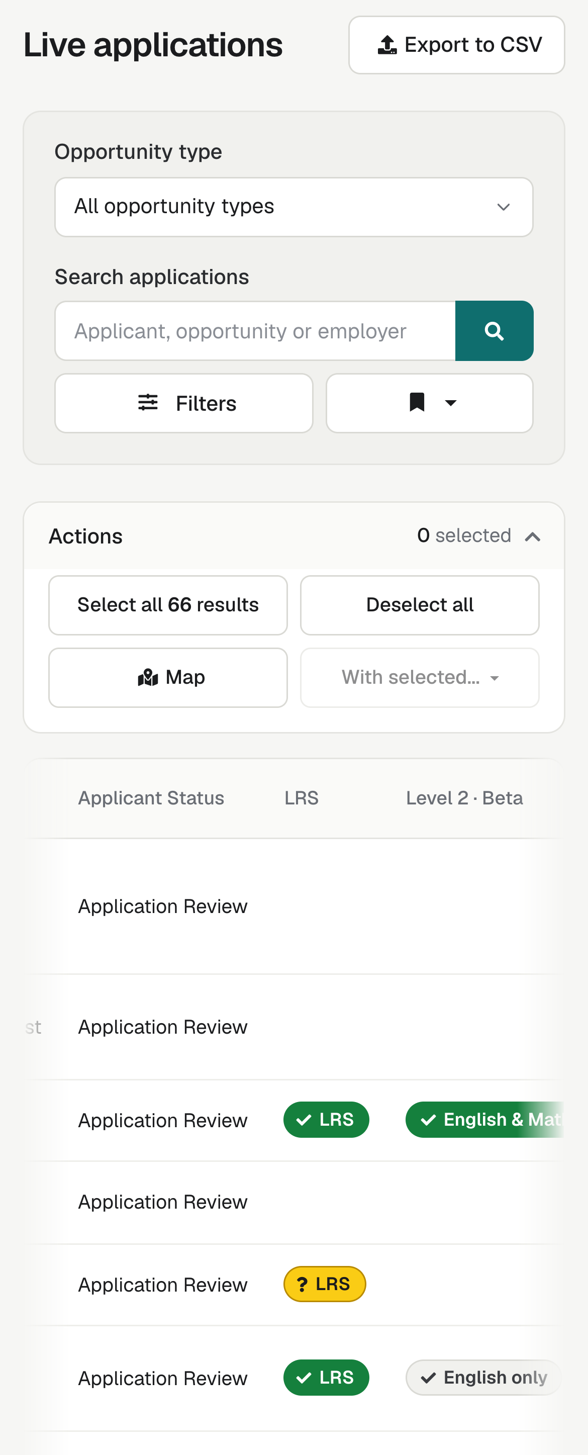 The Applications list on a phone, with the Actions button showing how many are selected and the table scrolling sideways.