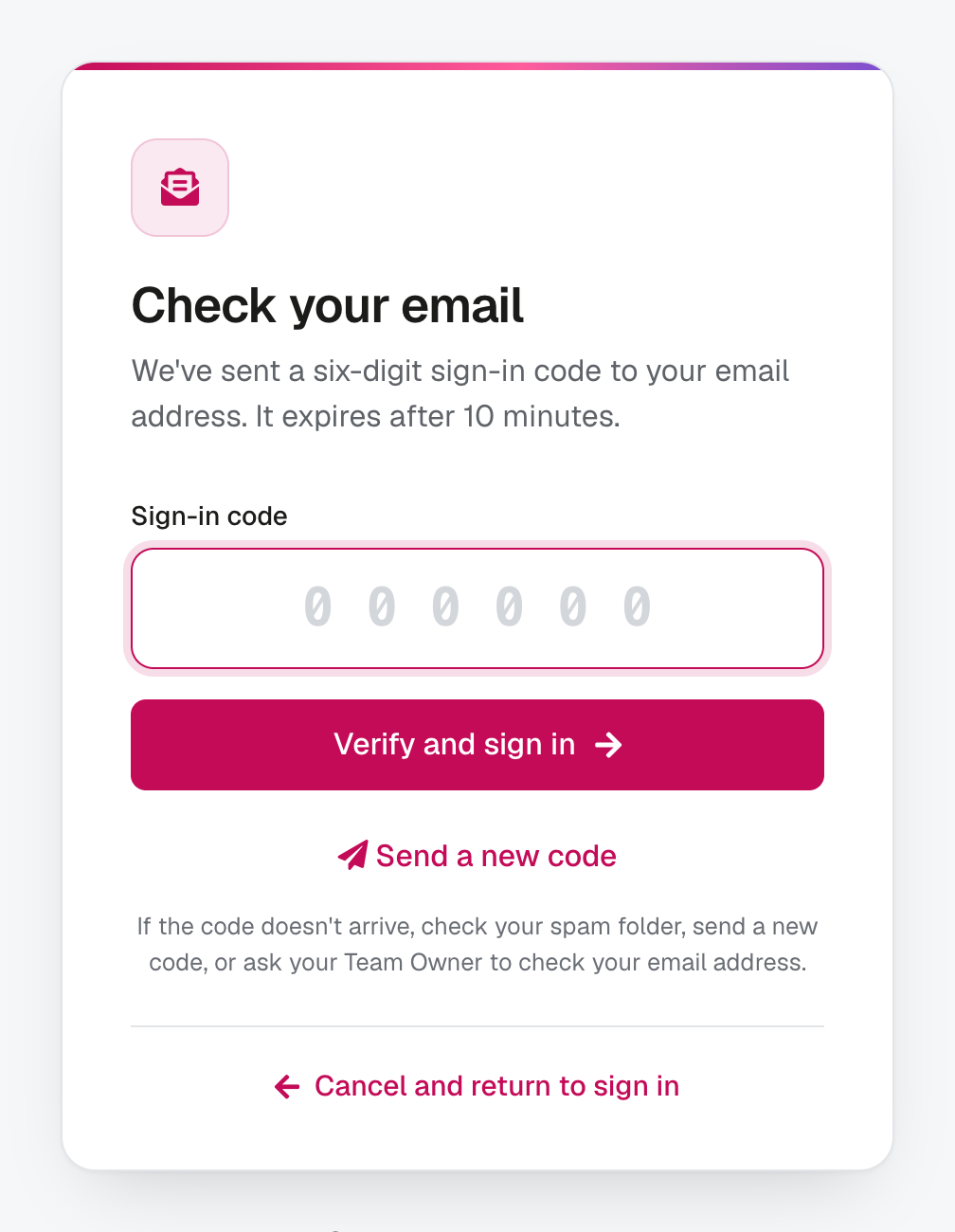 The Check your email page with the Sign-in code box, the Verify and sign in button and the Send a new code link.