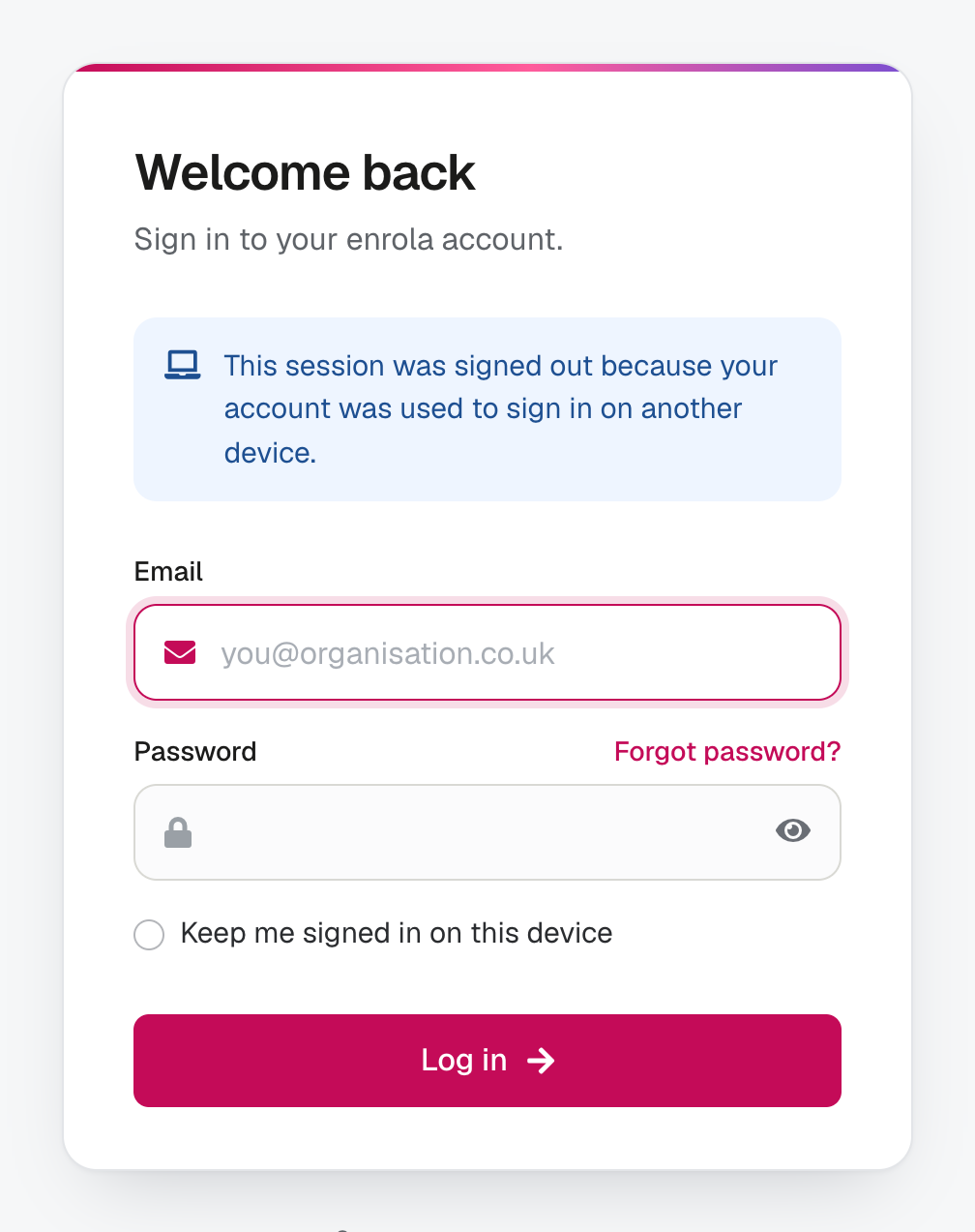 The sign-in page showing the message that the session was signed out because the account was used on another device.