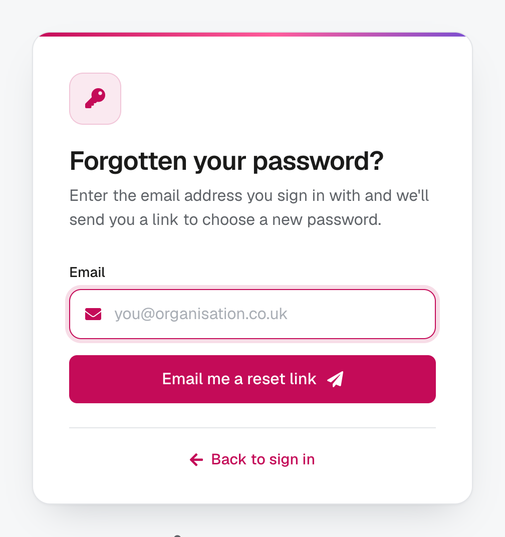 The Forgotten your password page with the Email field and the Email me a reset link button.