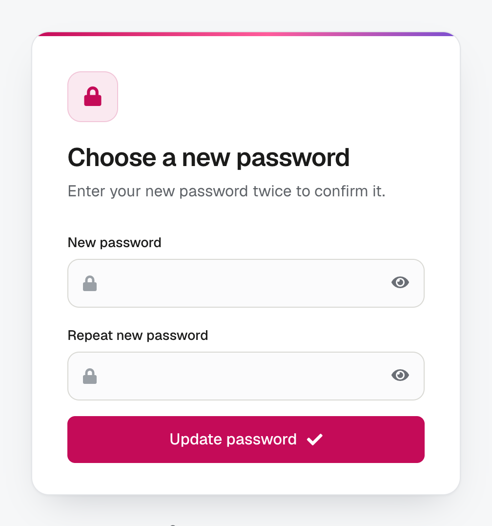 The Choose a new password page with New password, Repeat new password and the Update password button.