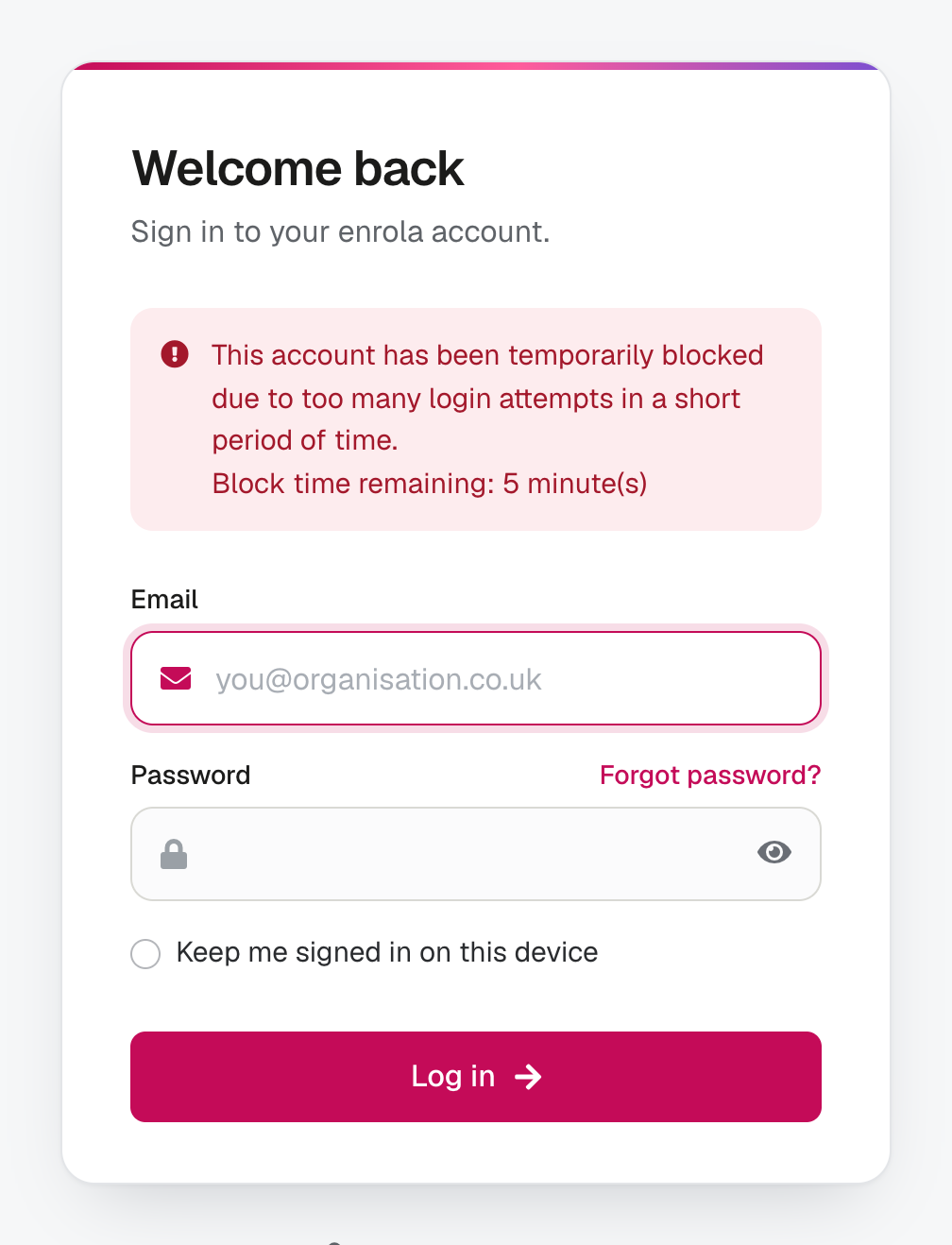 The sign-in page showing the message that the account has been temporarily blocked, with the minutes remaining.