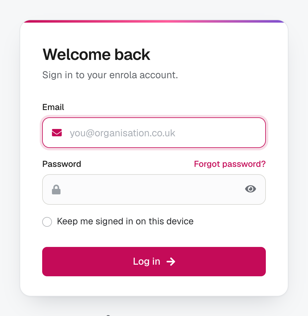 The enrola sign-in page with the Email and Password fields, the Keep me signed in on this device tick box and the Log in button.