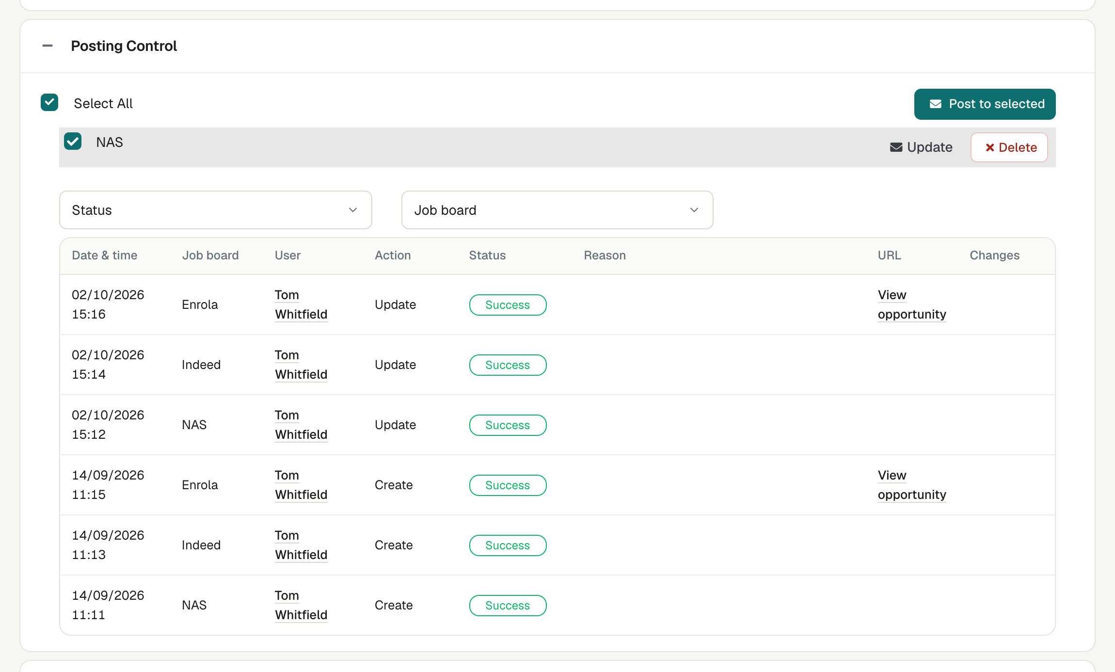 The Posting Control panel, with a job board ticked, the Post to selected button and the posting log below.