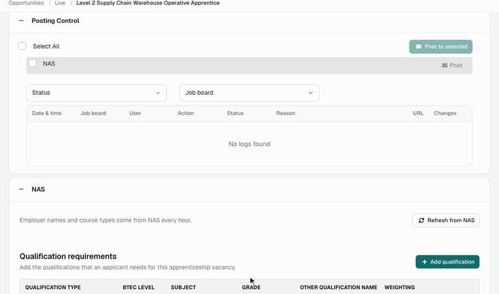 Ticking a job board in Posting Control, selecting Post to selected, and the log entry turning to Success.