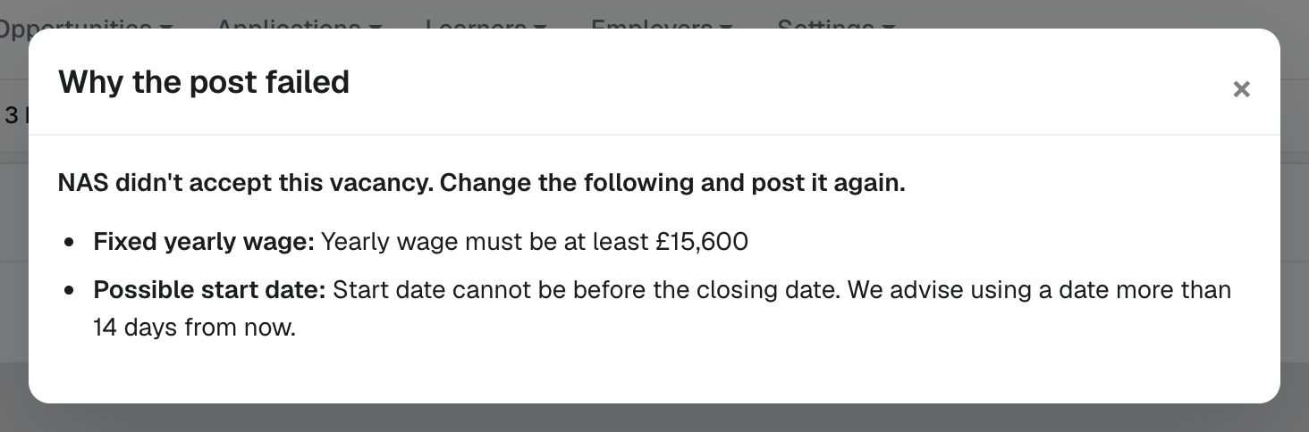 The Why the post failed window, listing the Fixed yearly wage and Possible start date as the fields to change.