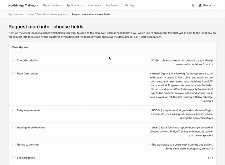 Choosing fields on the Request more info page and opening the email to the employer.