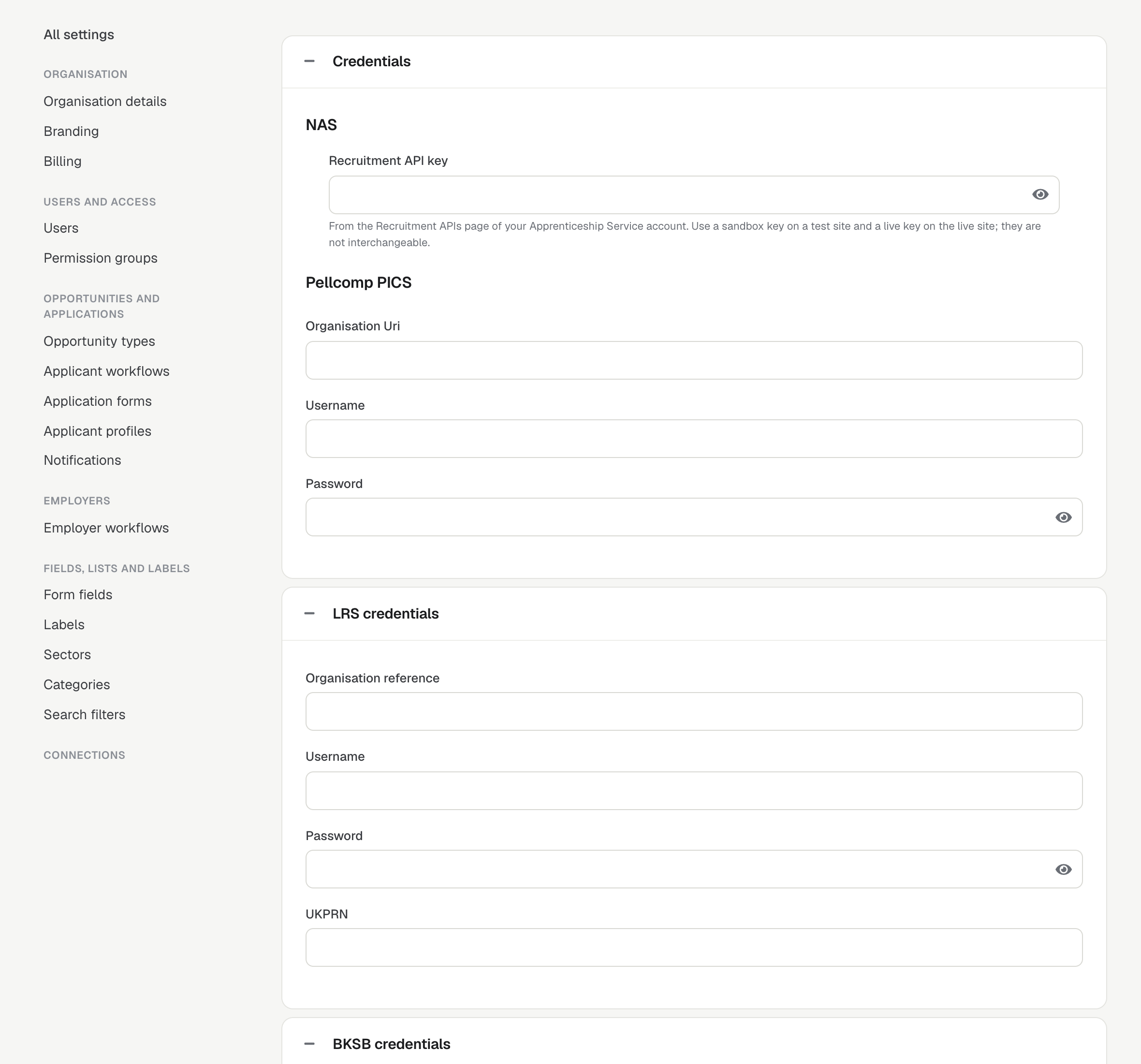 The Credentials panel in Settings → Integrations, with the NAS Recruitment API key hidden and its eye button.