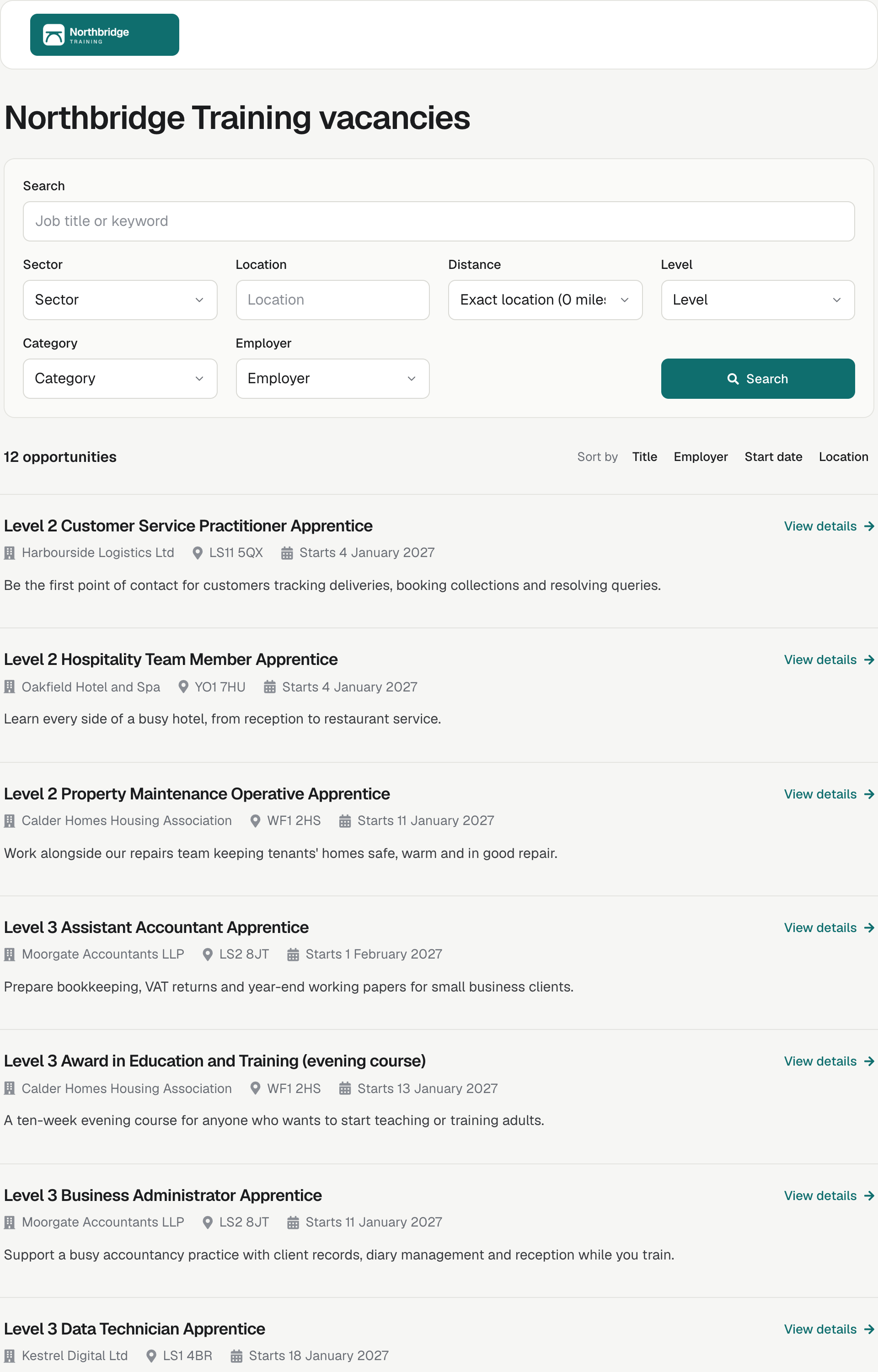 Northbridge Training's job board, with search fields and a list of vacancies showing the employer, postcode, start date and short description.