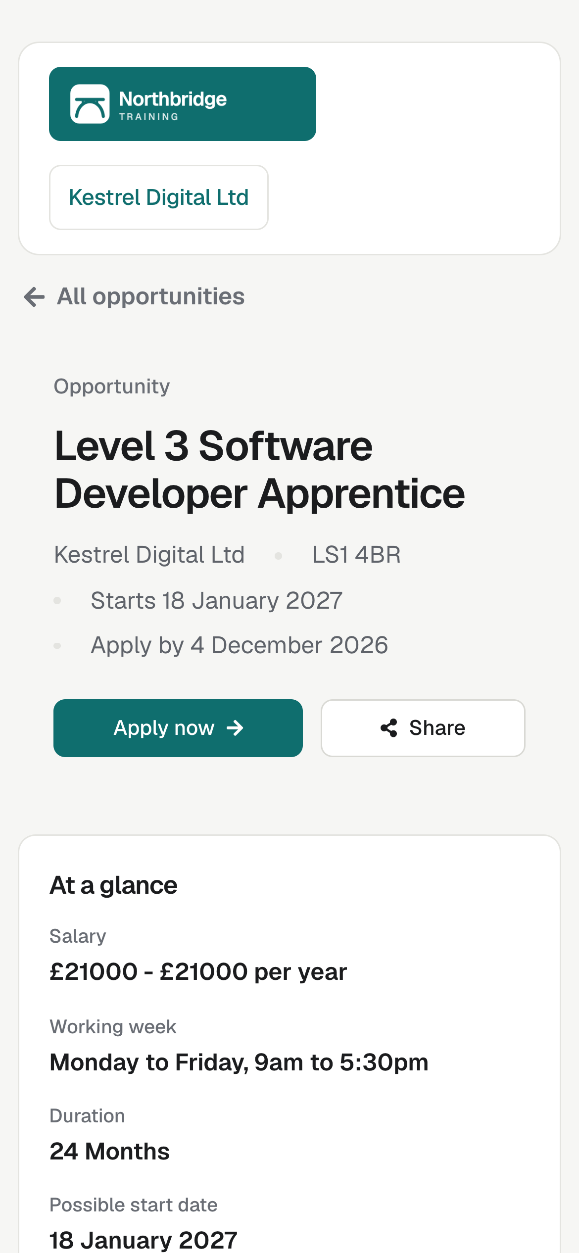 A vacancy page on a phone, with the title, start and closing dates and the Apply now button.