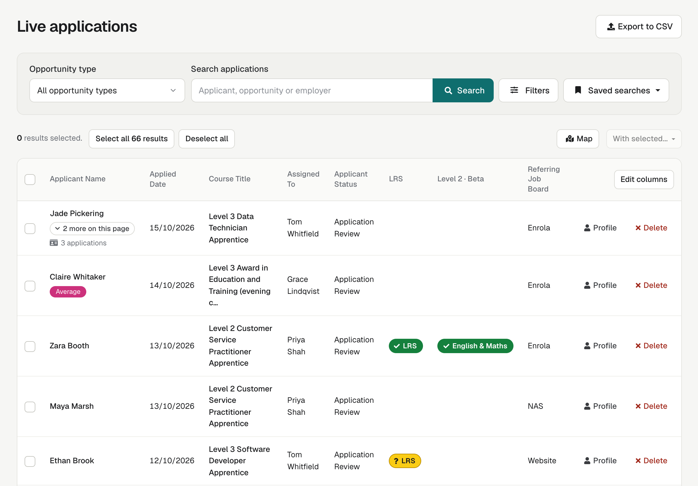 An applicant with three Applications: the first row shows 