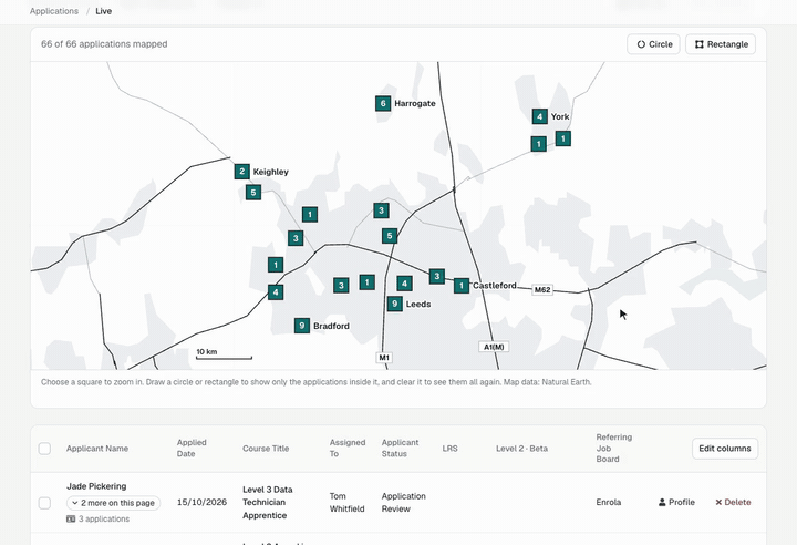 Opening the Applications map, zooming in, and drawing a circle to filter the list.