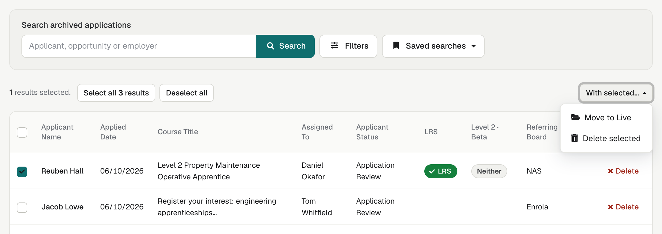 The archived Applications list, with its search bar, the With selected... menu open on Move to Live and Delete selected, and the Course Title column showing the Opportunity each Application was for.