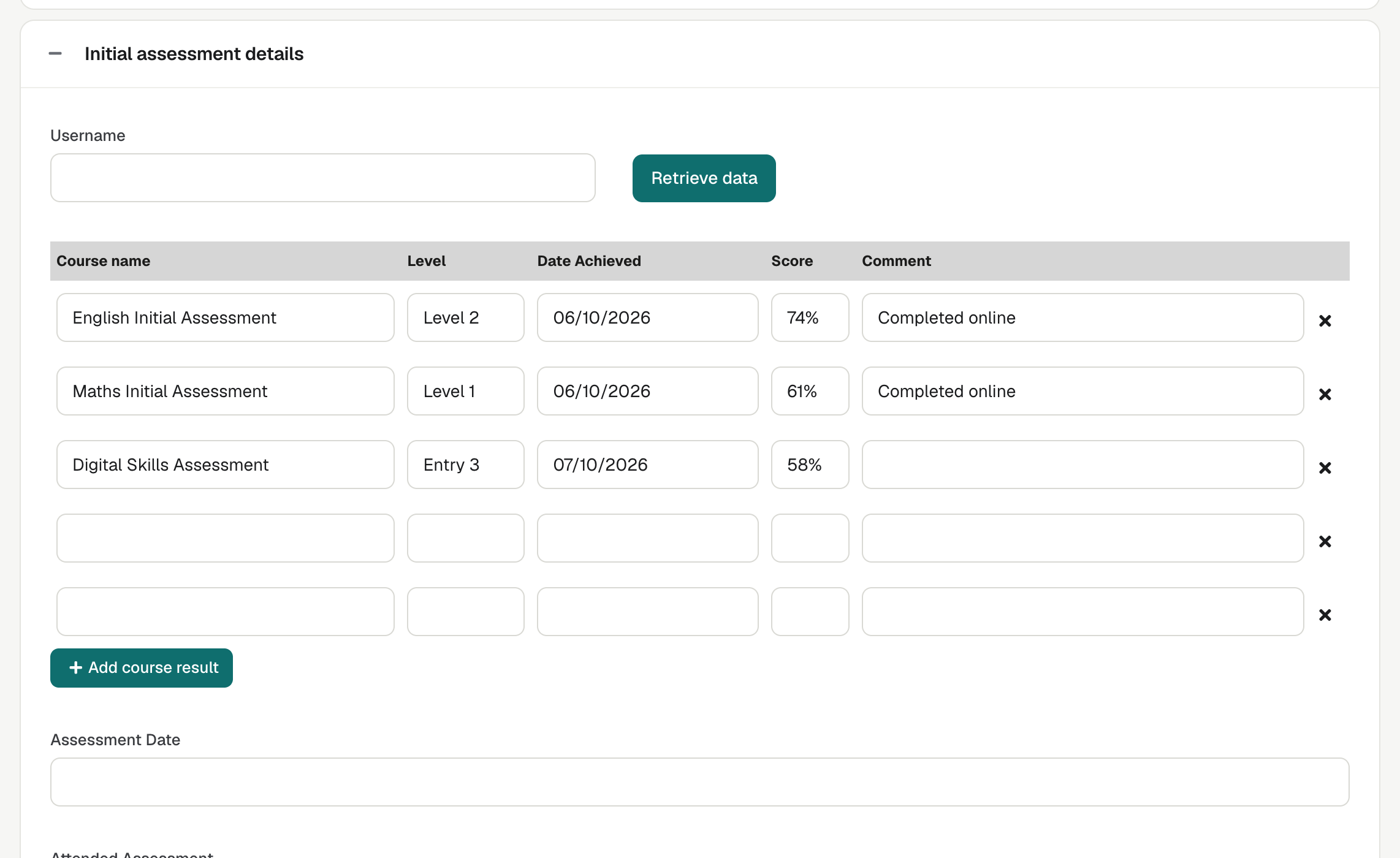 The Initial assessment details panel, with the Username box, Retrieve data, and a table of BKSB results.