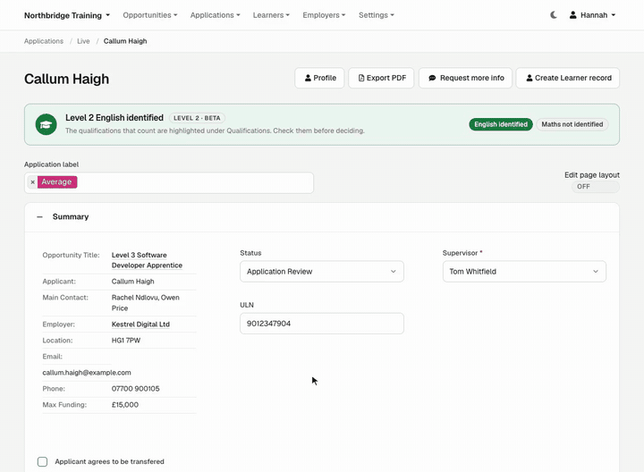 Choosing a new status on an Application, and the status email opening ready to edit and send.