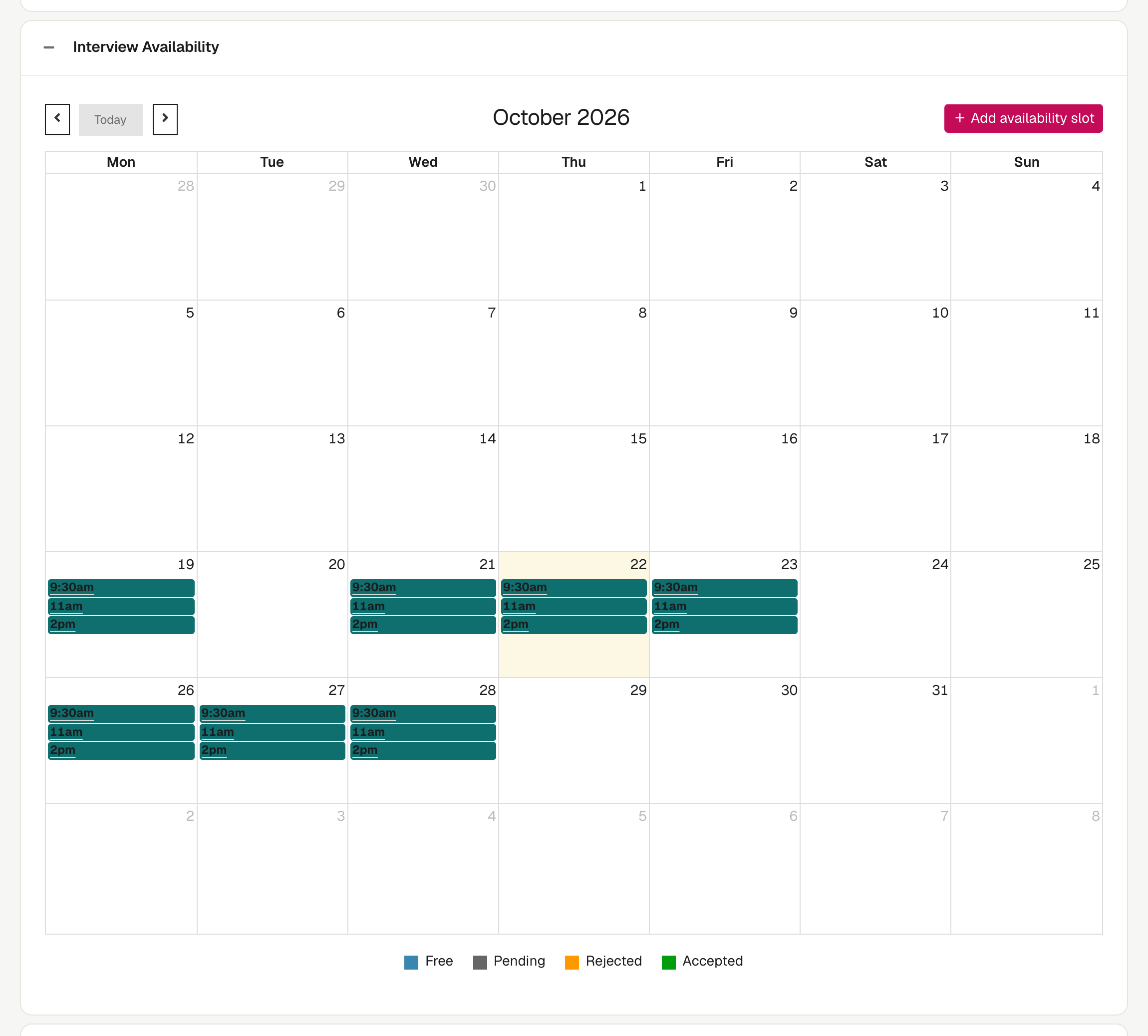 The Interview Availability panel on an Opportunity: a month view with slots at 9:30am, 11am and 2pm on several days, the Add availability slot button, and the key with Free, Pending, Rejected and Accepted.