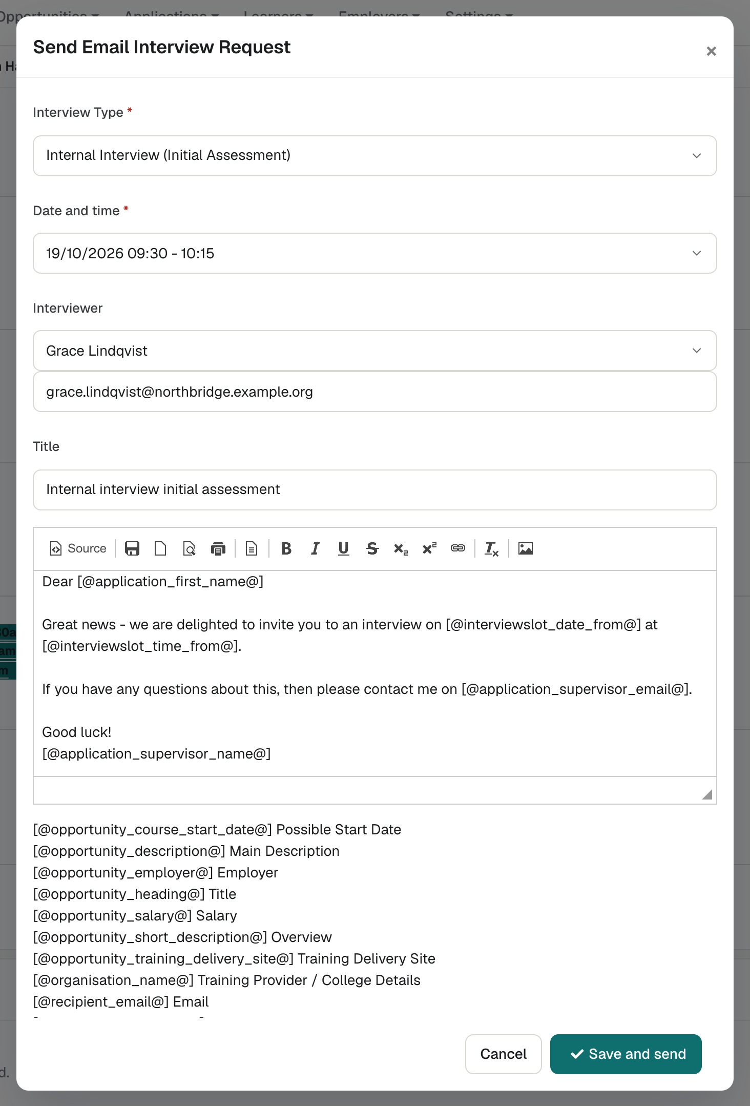 The Send Email Interview Request window, with Interview Type, Date and time, Interviewer, Title, the email text with merge tags, and the Save and send button.