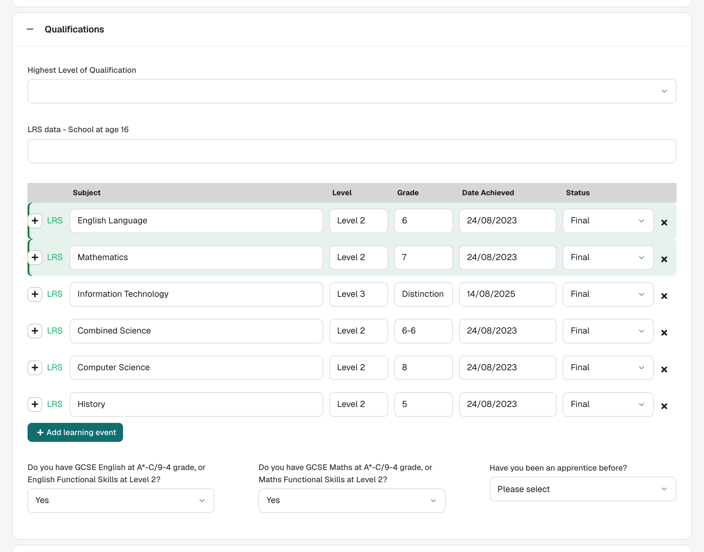 The Qualifications panel on an Application, with rows from the LRS and the Level 2 English and Maths rows highlighted.