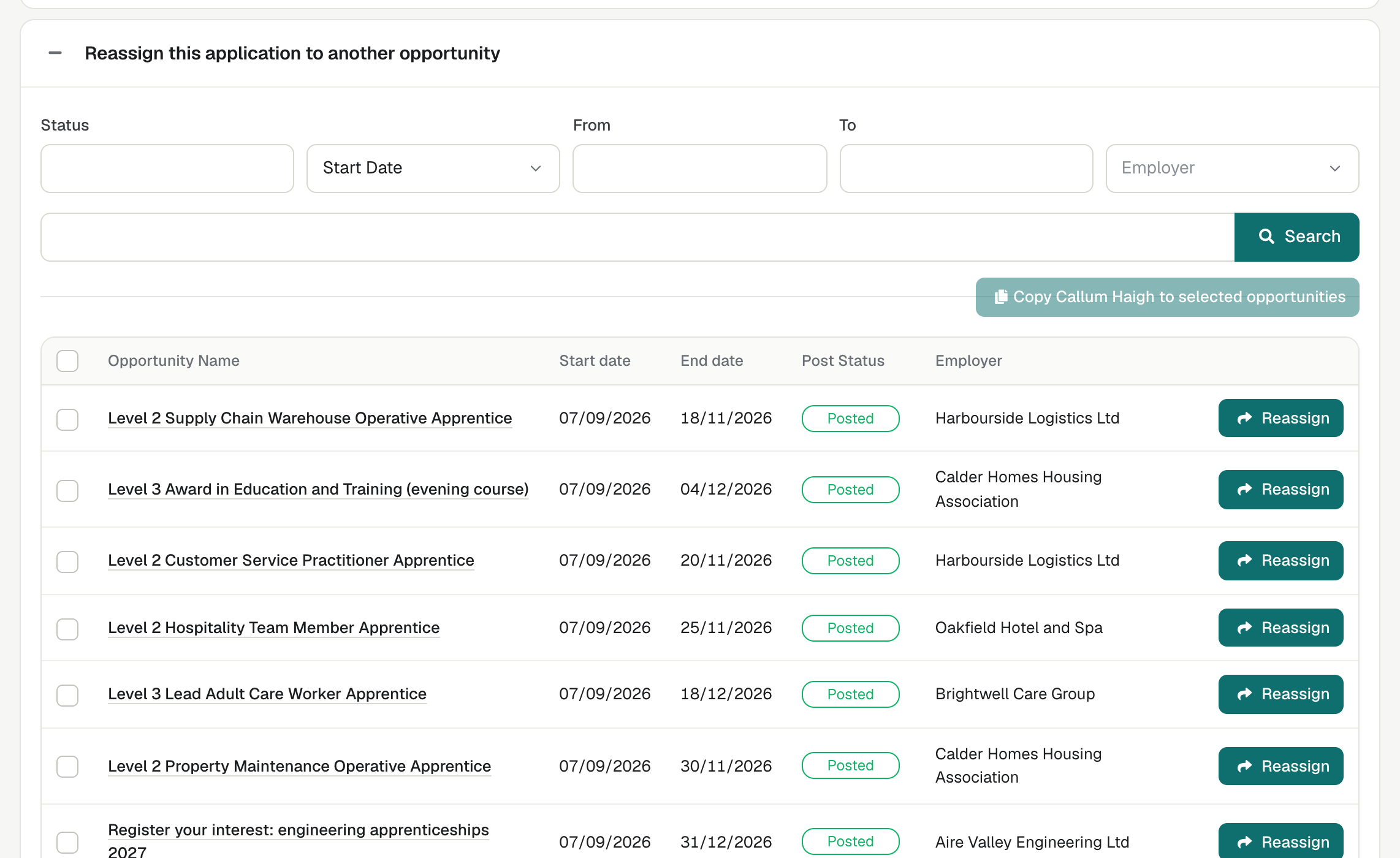 The Reassign this application to another opportunity panel, with search options, a list of Opportunities and a Reassign button on each row.