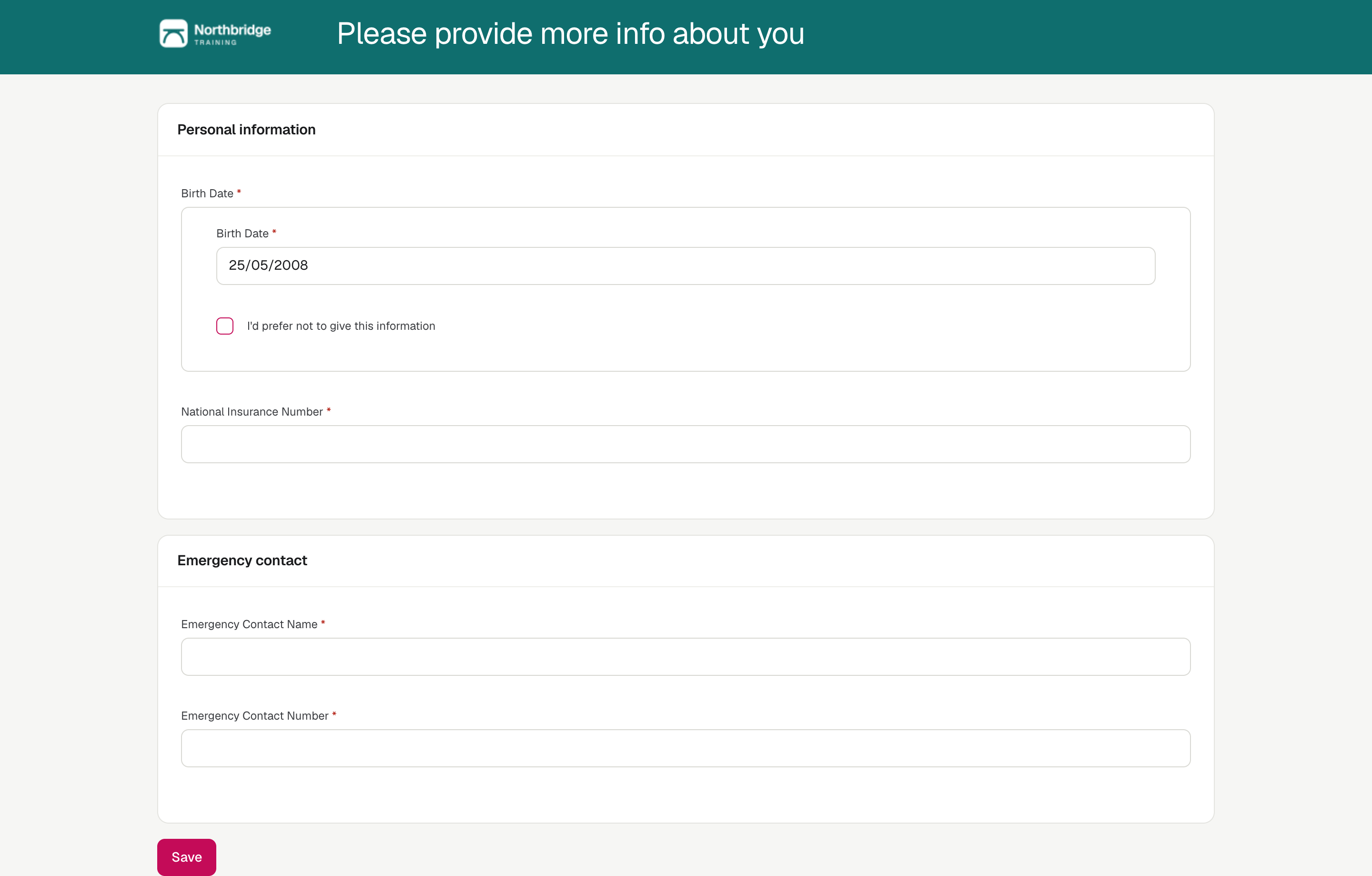 The form an applicant fills in after a Request more info email, with the chosen fields and a Save button.