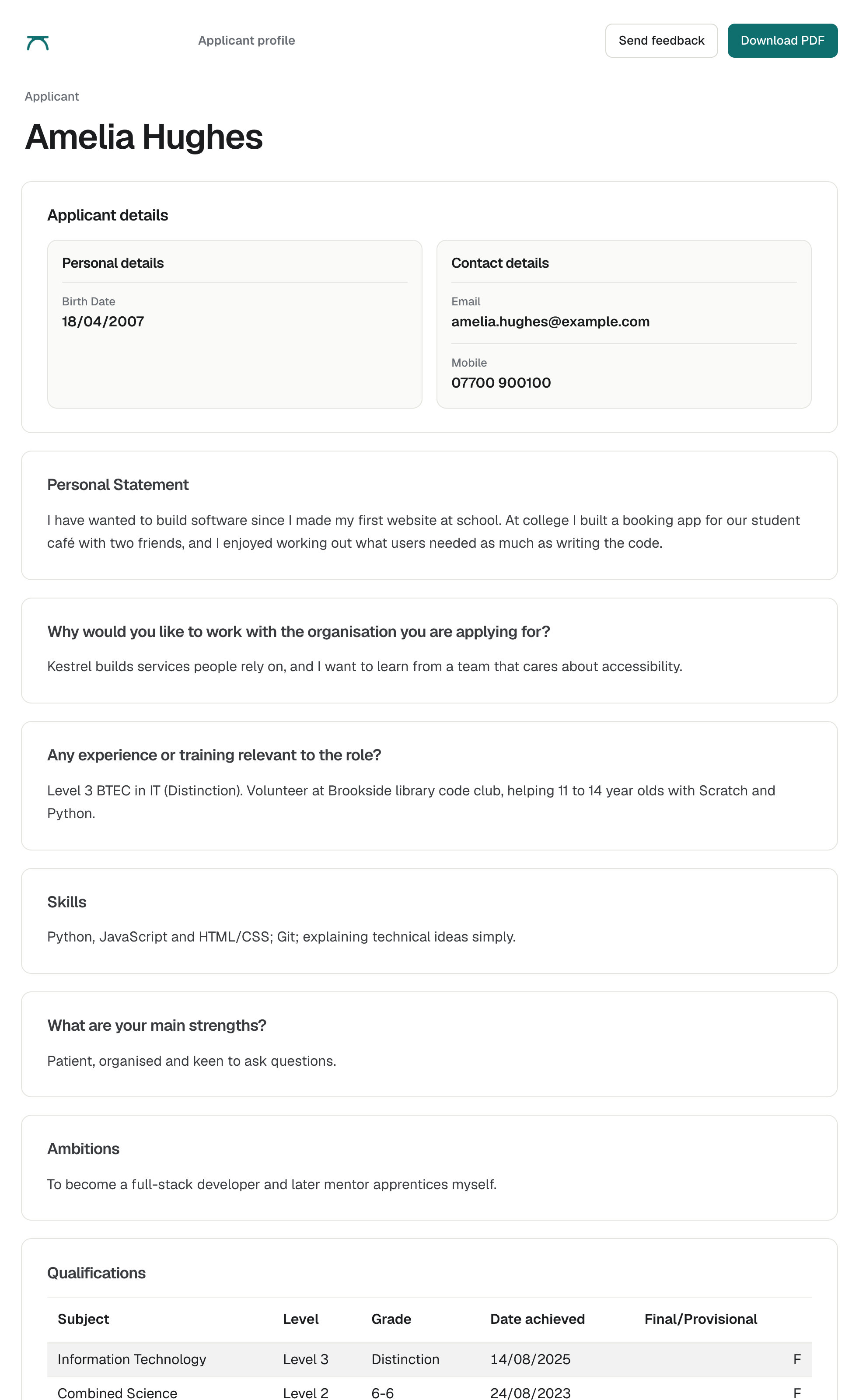 An applicant profile as an employer sees it, with Download PDF and Send feedback.