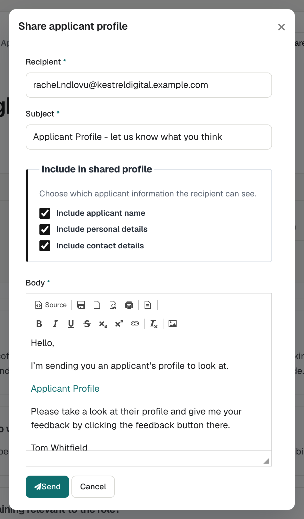 The Share applicant profile window, with recipient, subject, the three Include in shared profile options and the message.