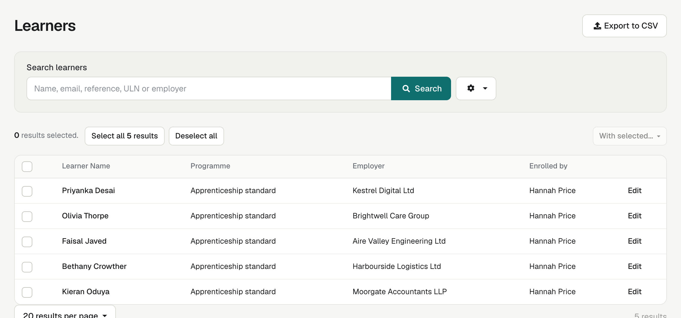 The Learners list, with the Export to CSV button and the With selected... menu.