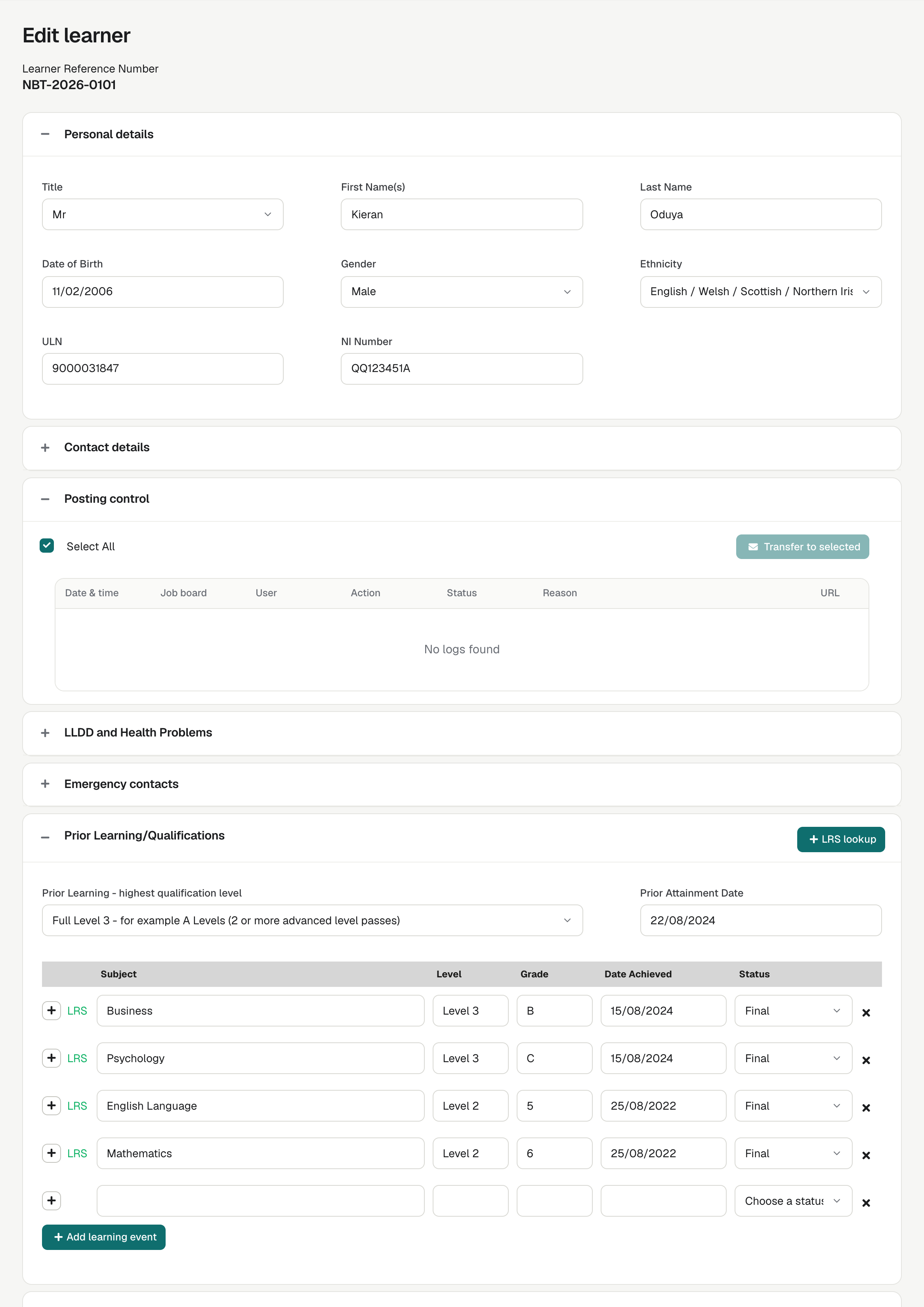 A Learner record, with the Learner Reference Number at the top and the Personal details and Contact details panels.
