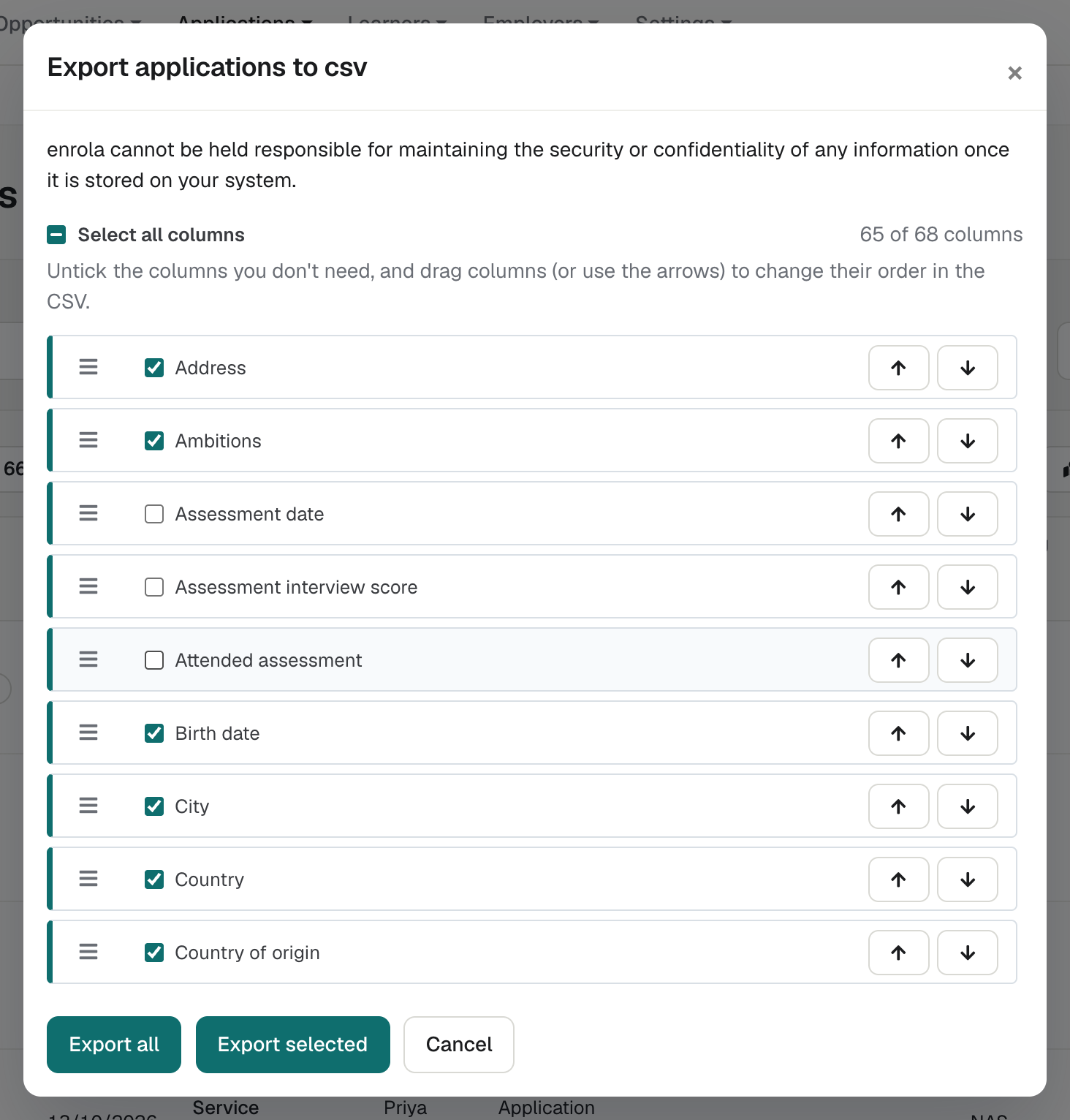 The export window for Employers, with Select all columns, a ticked list of columns with drag handles and arrows, and the Export all and Export selected buttons.