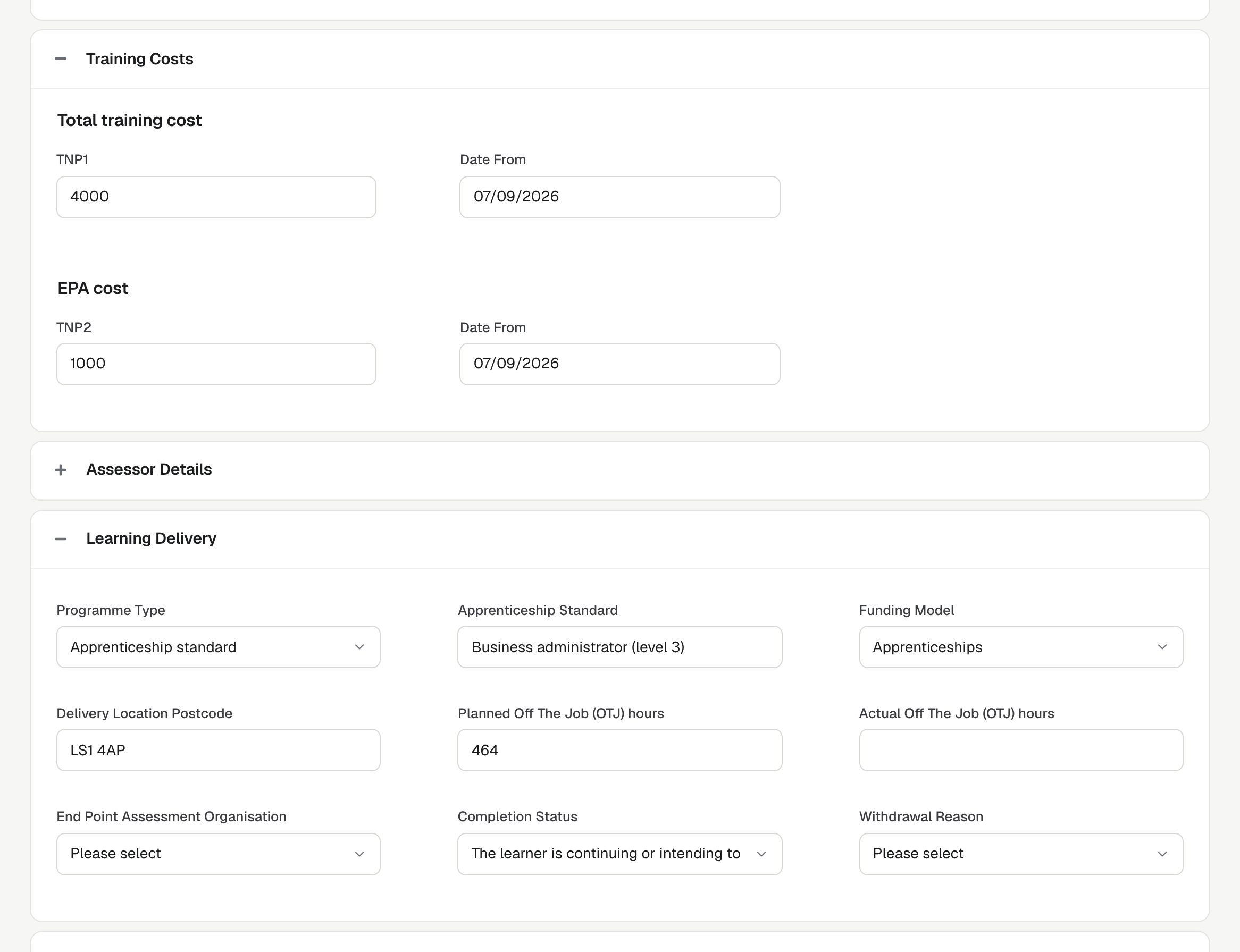 The Training Costs and Learning Delivery panels on a Learner record.