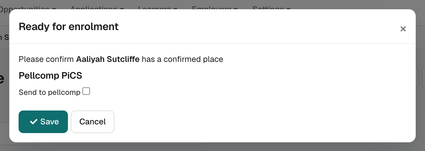 The Ready for enrolment window with the Pellcomp PiCS section and its tick box.