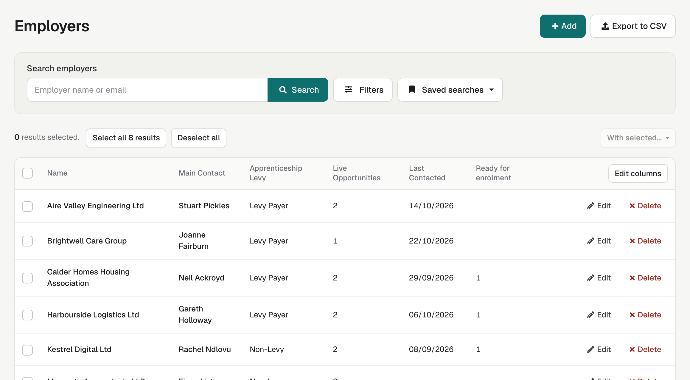 The Employers list, with its search, Filters, Saved searches and the Add button.