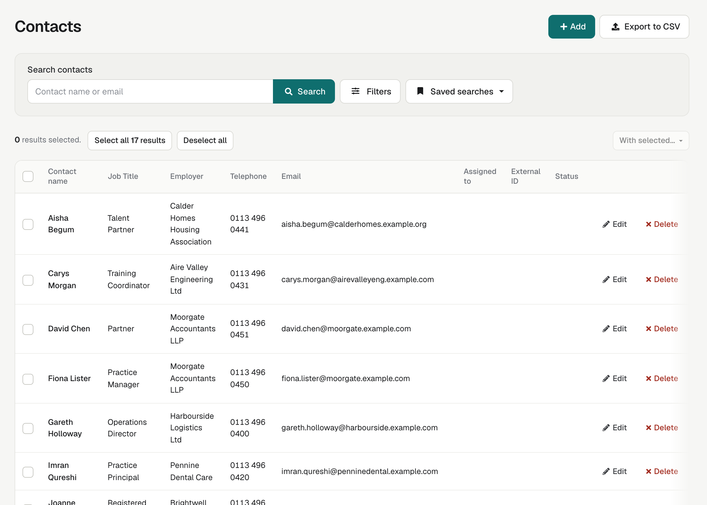 The Contacts list, with the search box, the Filters button and a row for each contact.