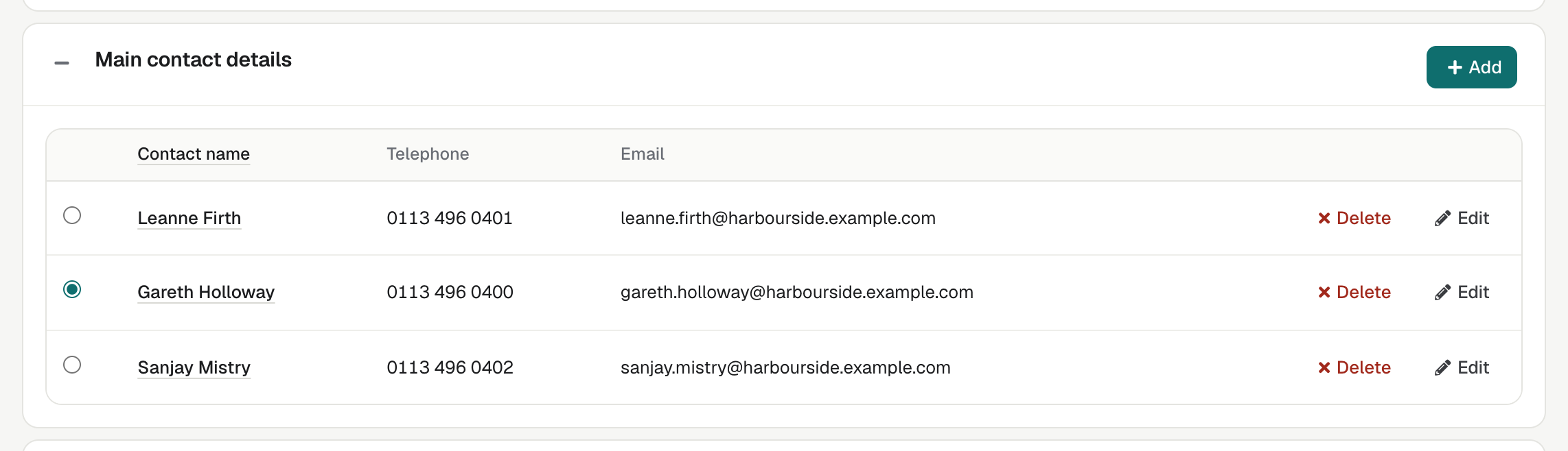 The Main contact details panel on an Employer record, listing three contacts with a round button beside each one.