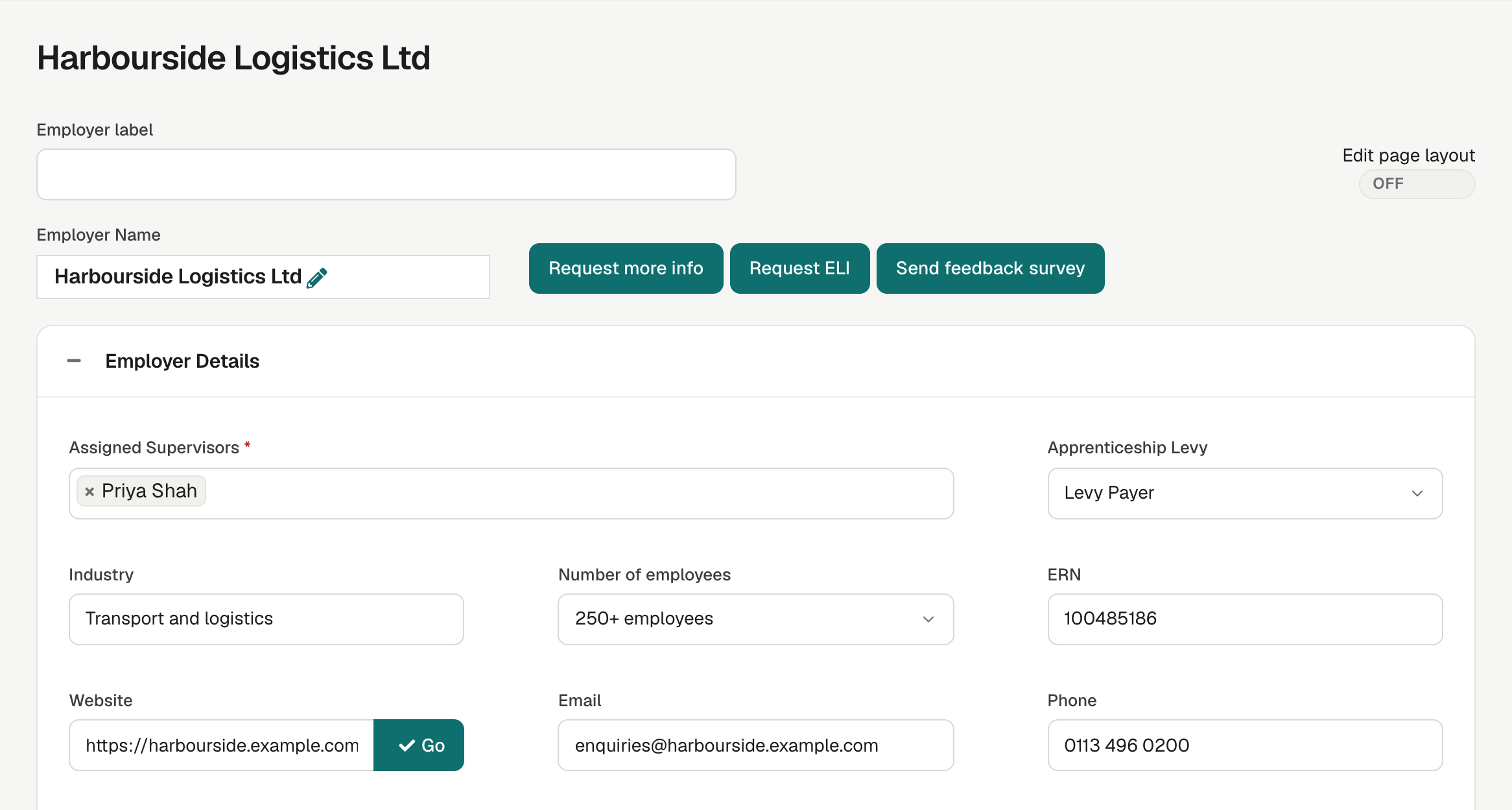An Employer record with its name and labels at the top, the Request more info, Request ELI and Send feedback survey buttons, and the Employer Details panel below.