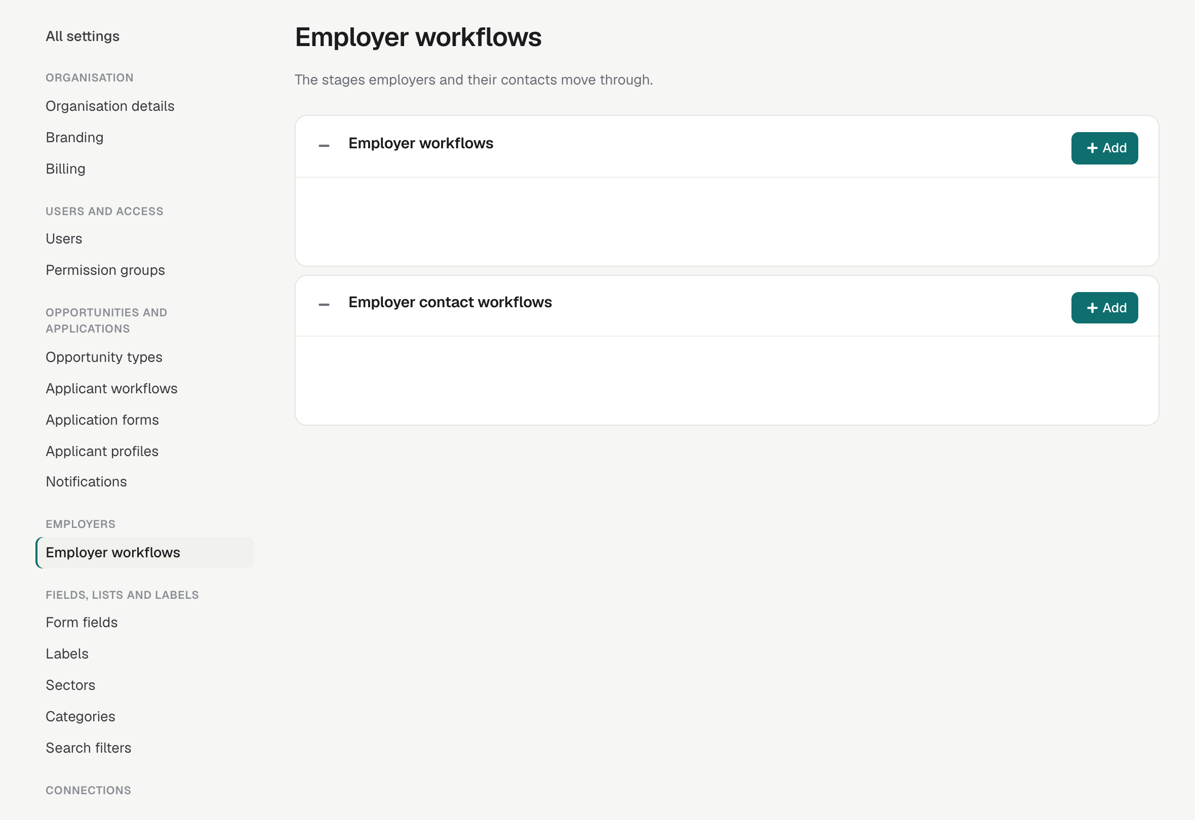 Settings, Employer workflows, with the Employer workflows and Employer contact workflows panels and their Add buttons.