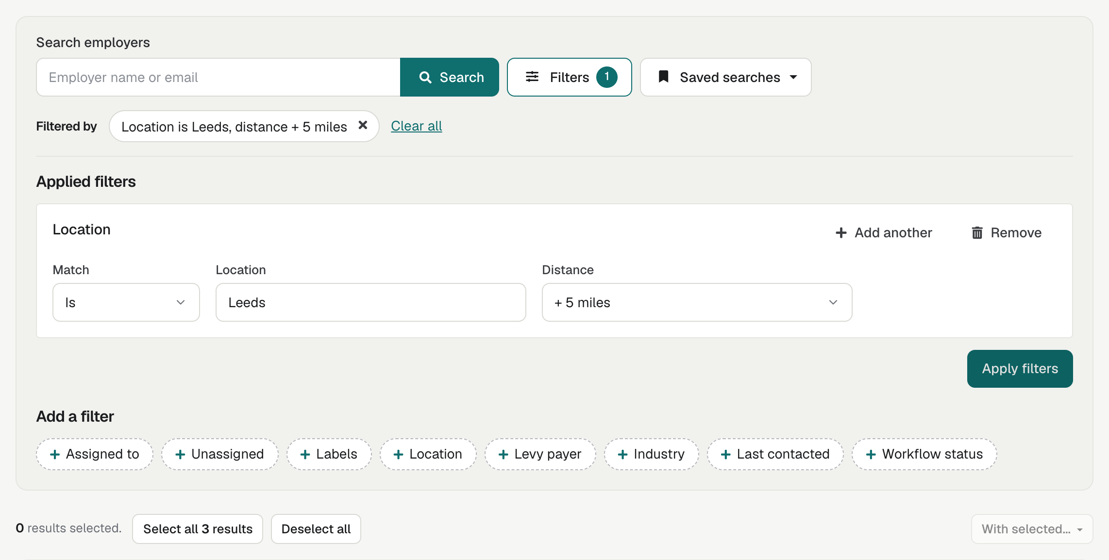 The Location filter on the Employers list, with Match set to Is, Leeds typed in Location and Distance set to + 5 miles, and the Filtered by chip above the list.