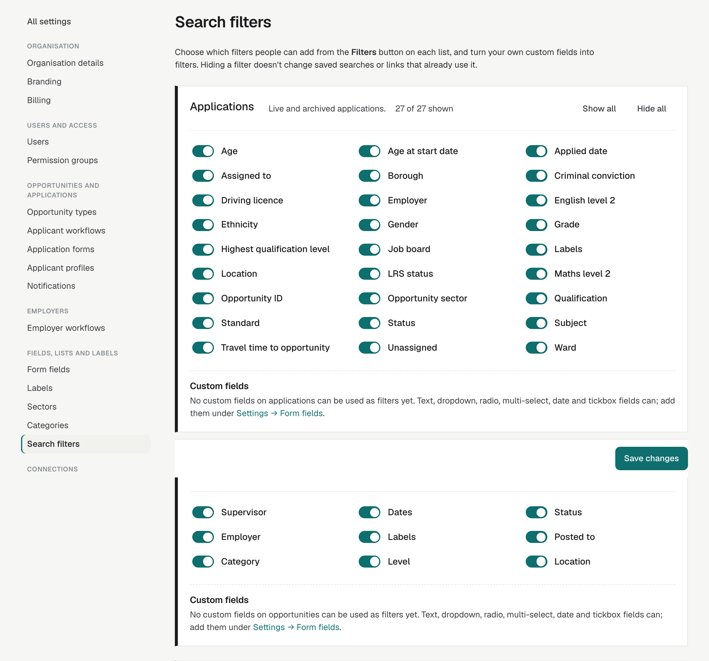 Settings, Search filters, with a switch for each built-in filter on the Applications list and a count of how many are shown.