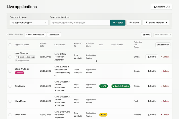 Opening the filter panel on the Applications list, adding a Status filter, and removing its chip.
