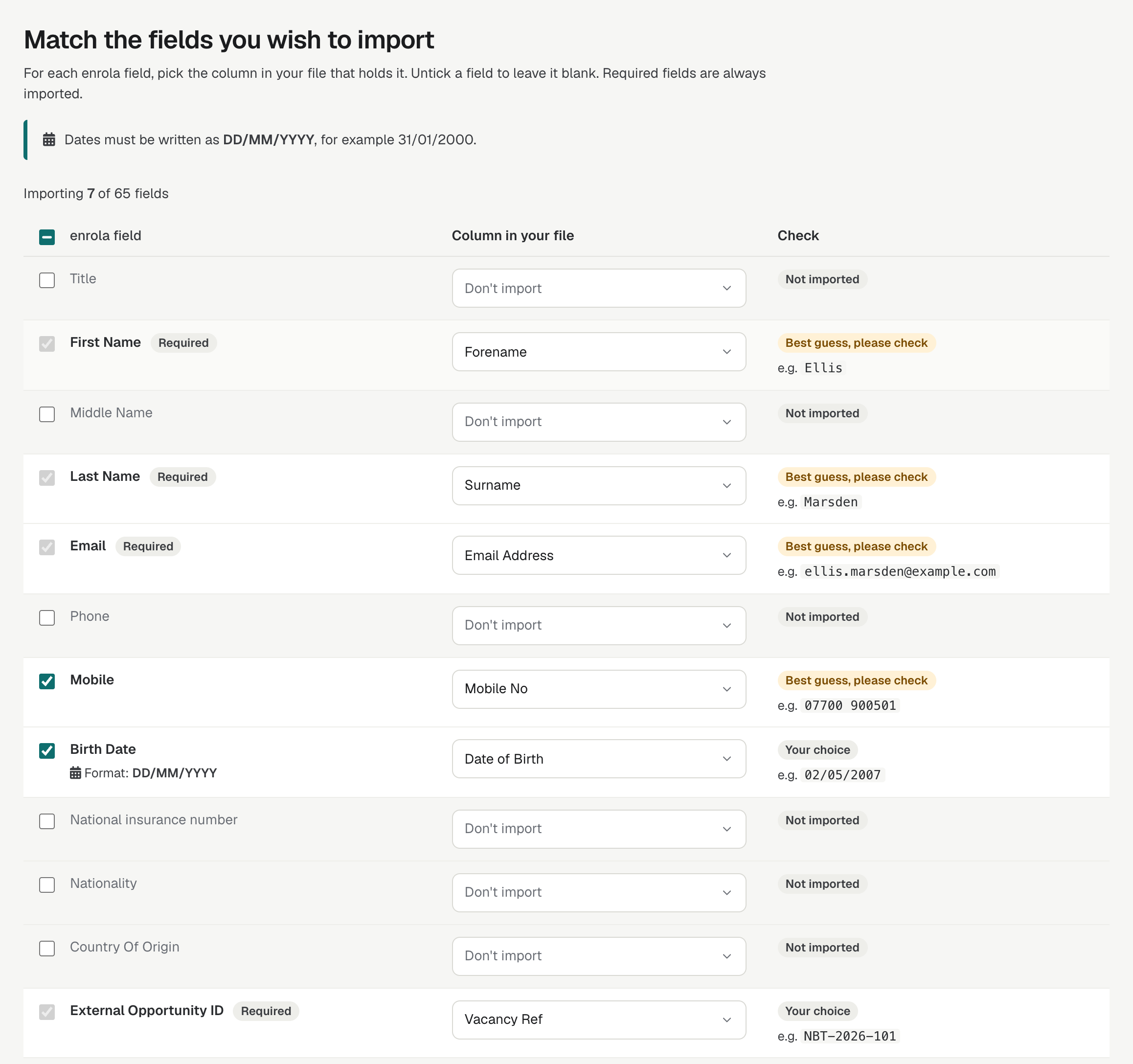 Matching columns during an import: each enrola field, the column chosen from the file, and a check such as Exact match or Best guess, please check.
